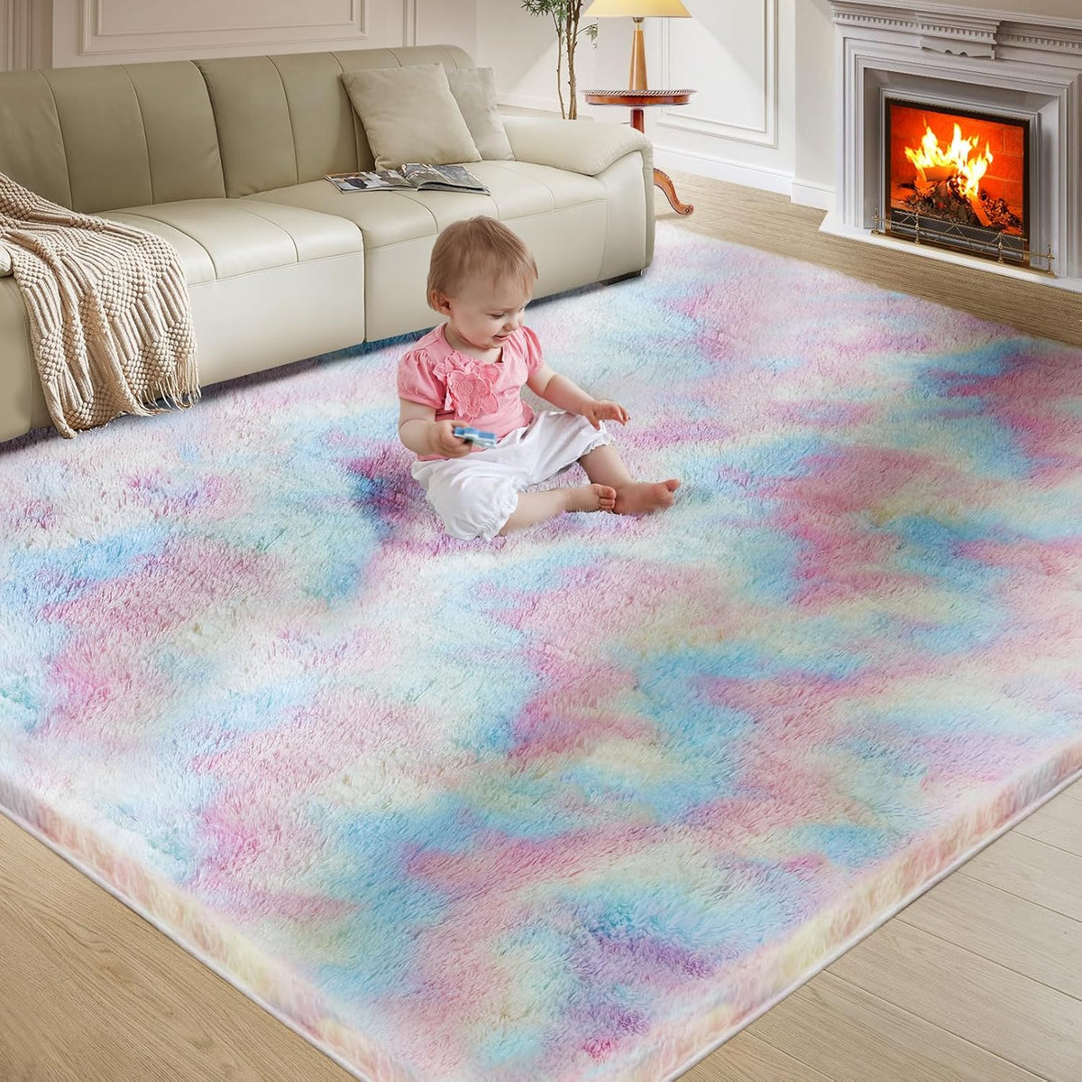 Ultra Soft Rug for Living Room, 5X8 Fluffy Shag Area Rug for Bedroom, Modern Shaggy Carpets Fuzzy Rug for Teens Dorm Nursery Home Decor Aesthetic, Upgrade Anti-Skid Durable, Rainbow