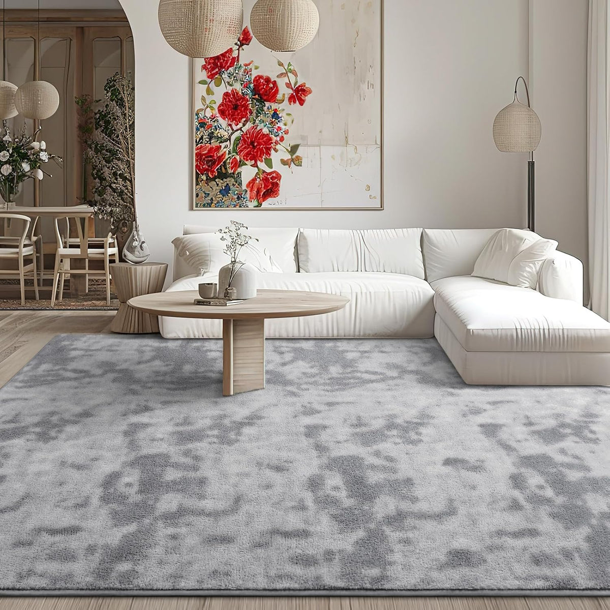 Kimicole 6x9 Washable Area Rugs for Living Room Bedroom, Large Low Pile Ulta-Thin Solid Color Rug, Non-Slip Soft Fluffy Carpet for Nursery Kids Room Dorm Room Home Decor (Light Grey)