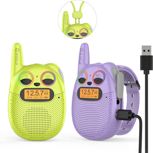 Qniglo Walkie Talkies for Kids - 2 Pack Rechargeable, Christmas & Birthday Gifts for Boys & Girls Age 3-12, Long Range Kids Walkie Talkies with FM Radios for Family Adventure Camping & Spy Games