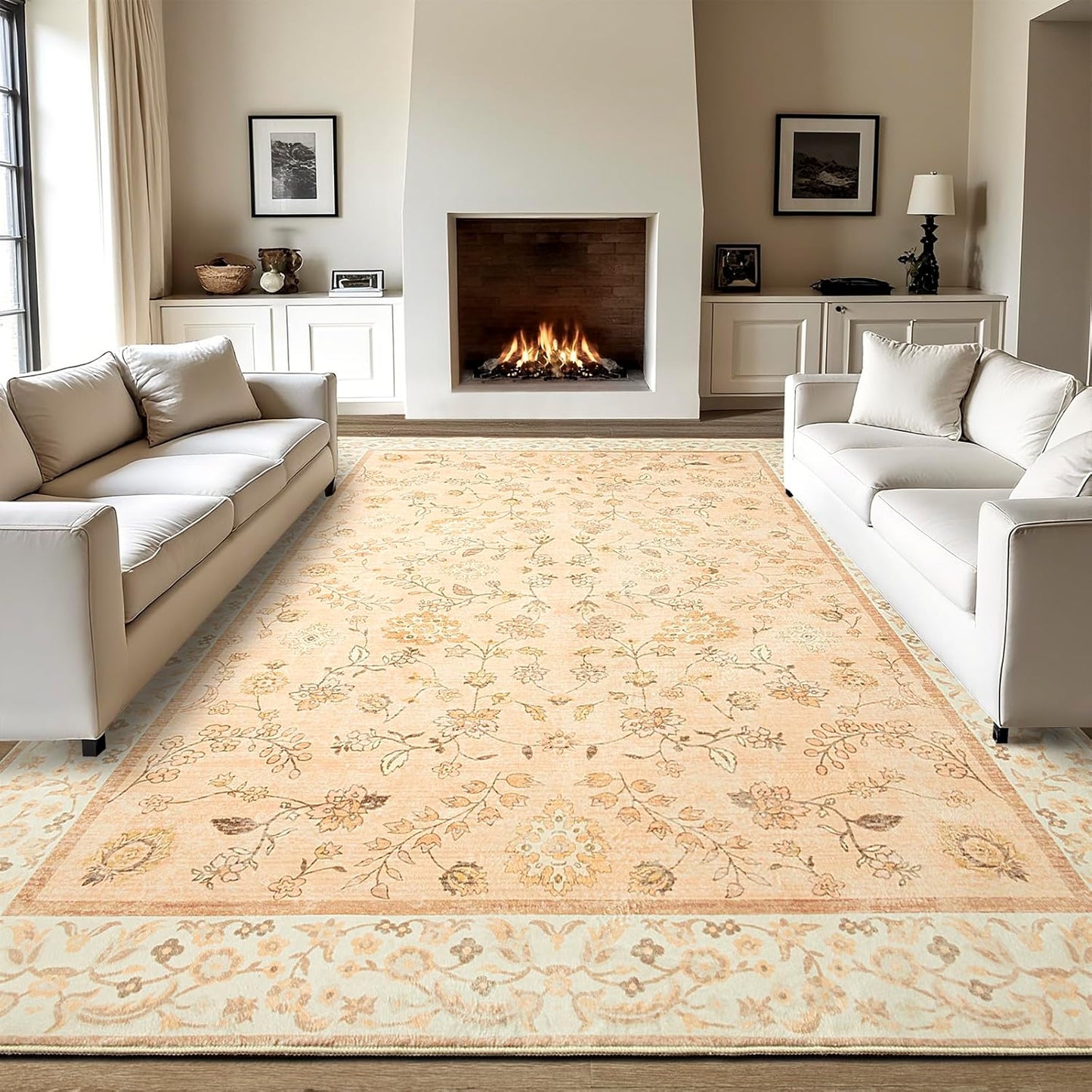LOCHAS Washable Area Rugs 4x6, Peach Floral Rug for Living Room Bedroom Non Slip, Ultra Soft Vintage Indoor Carpet for Kids, Nursery, Dorm, Dining Room, Classroom, Boho Flower Home Decor, Low-Pile