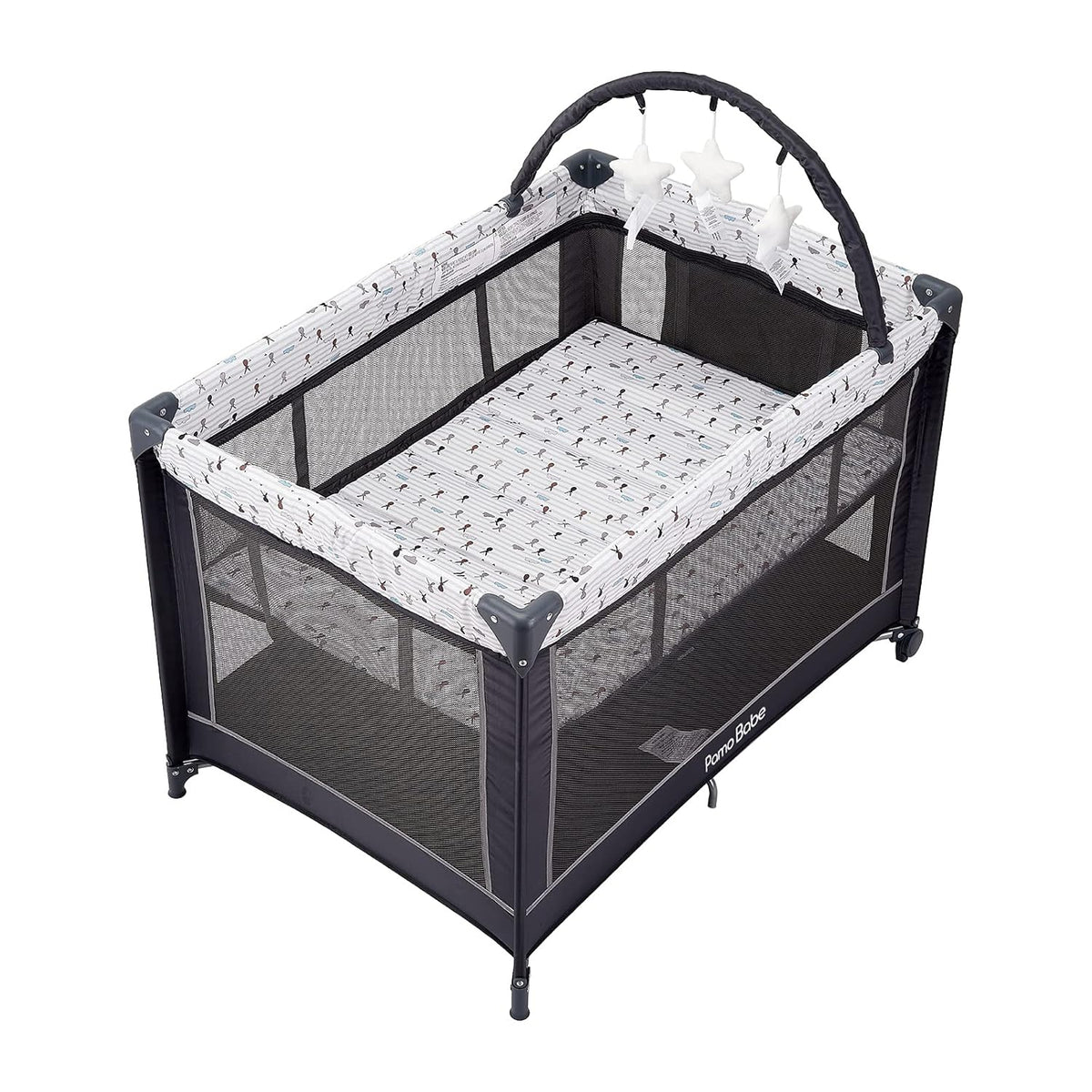 Pamo Babe Portable Playard,Sturdy Play Yard with Padded Mat and Toy bar with Soft Toys