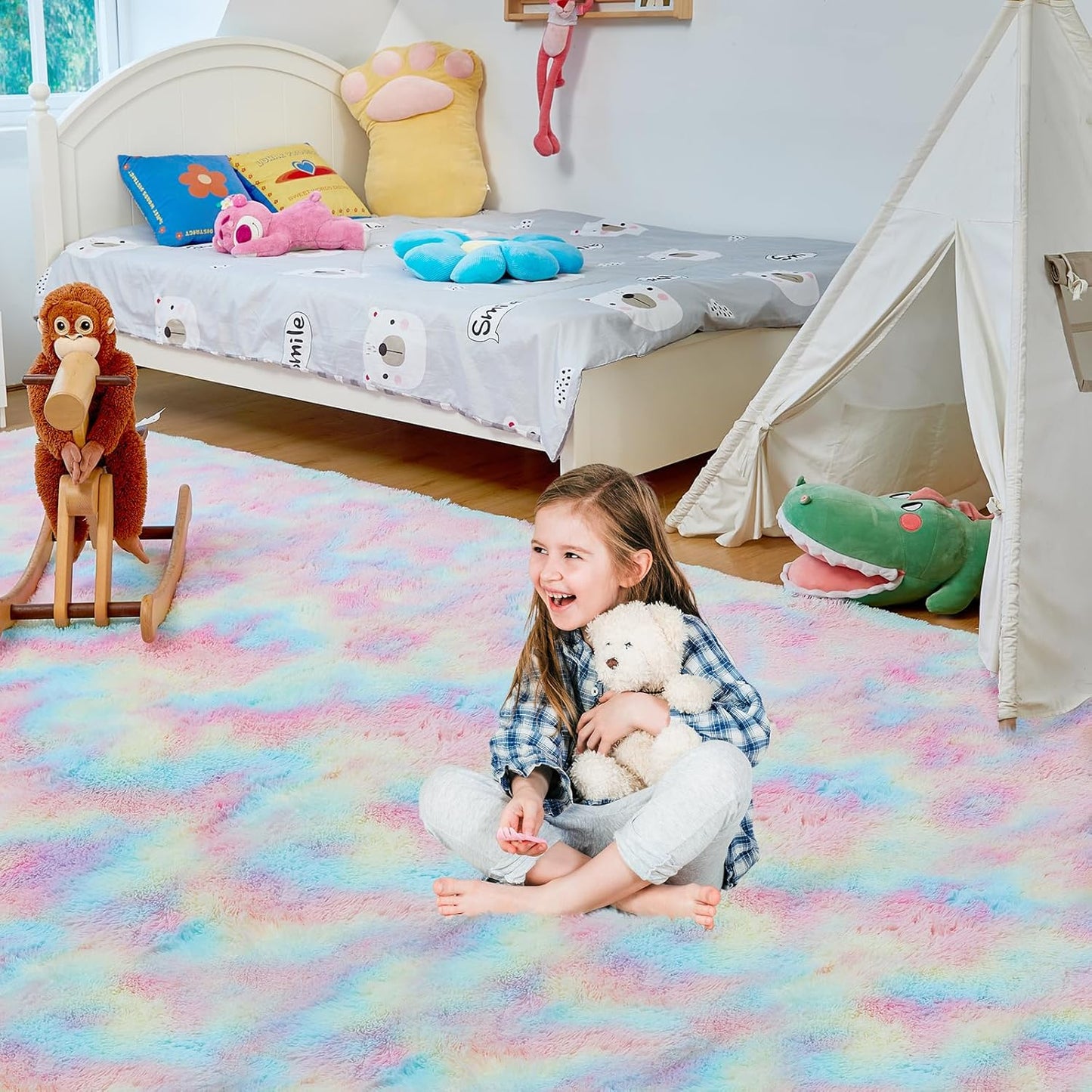 Ultra Soft Rug for Living Room, 8X10 Fluffy Shag Area Rug for Bedroom, Modern Shaggy Carpets Fuzzy Rug for Teens Dorm Nursery Home Decor Aesthetic, Upgrade Anti-Skid Durable, Rainbow