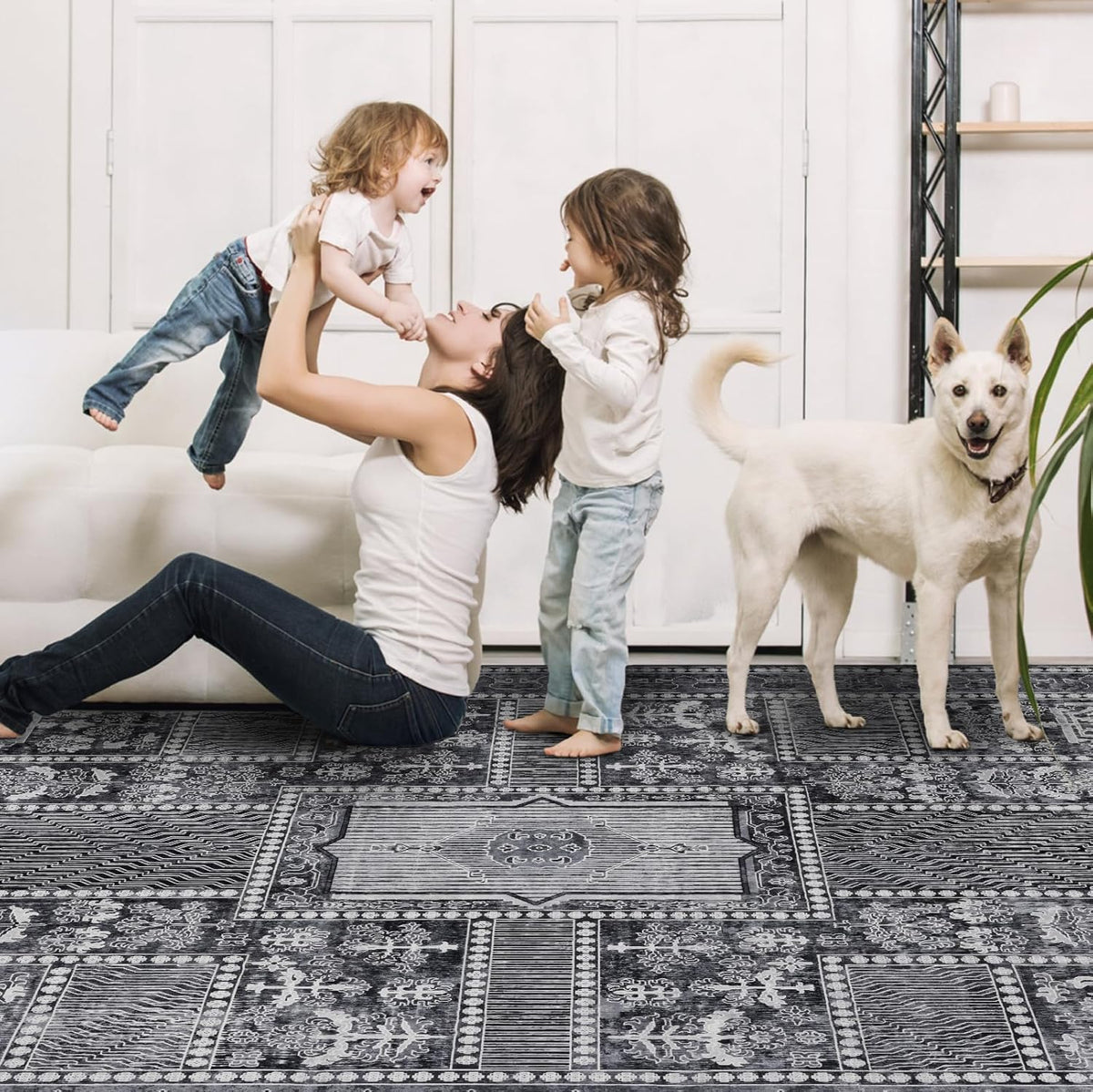 9x12 Area Rug Living Room Rugs, Stain Resistant Washable Rug, Vintage Large Non-Slip Backing, Low Pile Lightweight Print Rug for Bedroom Dinning Room Home Office (Grey)