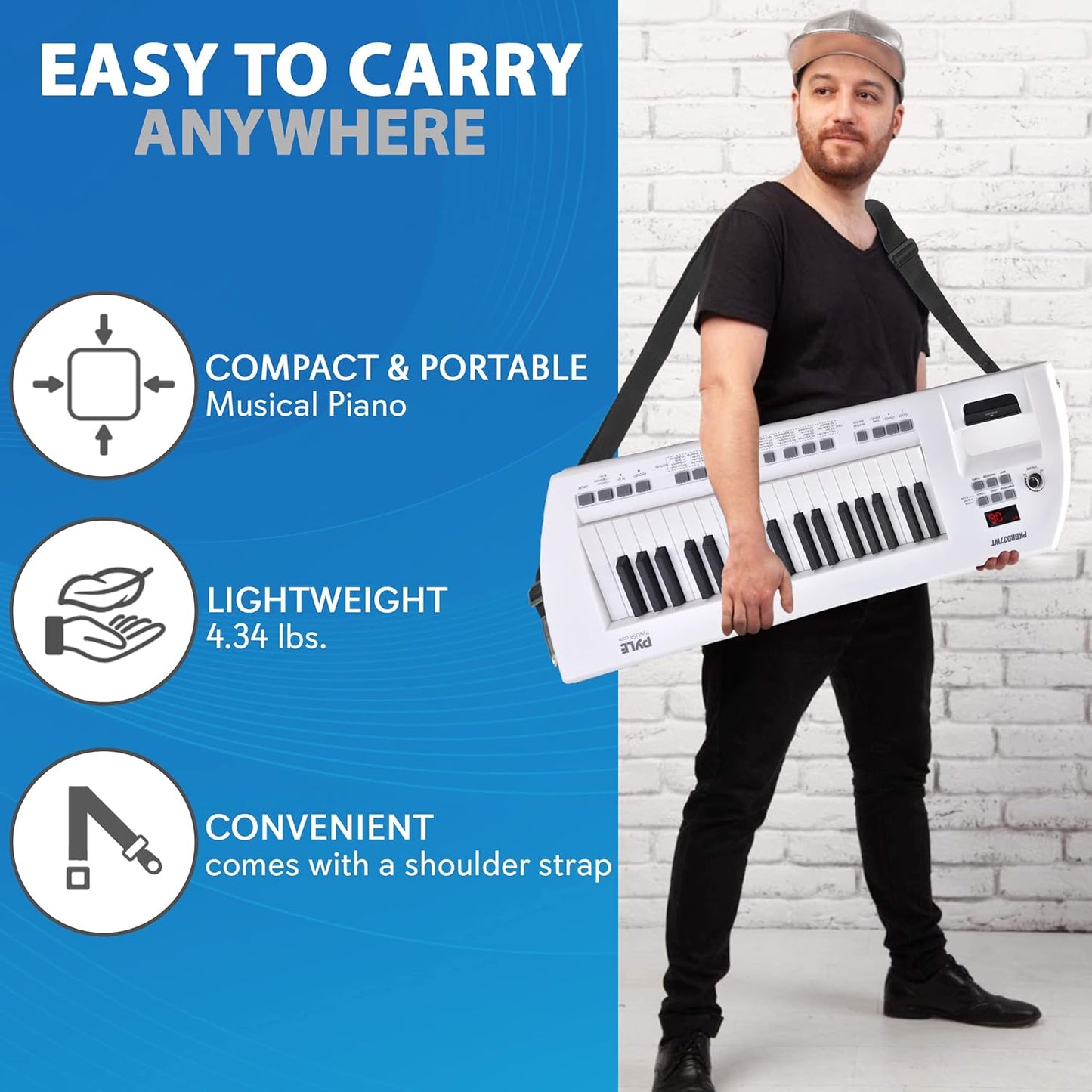 Pyle, Portable Digital Electronic Keyboard Piano 37 Keys with Microphone & Carry Strap, Built-in Sustain Controller, Rechargeable Battery-Karaoke Keyboard Compact Musical Keytar White