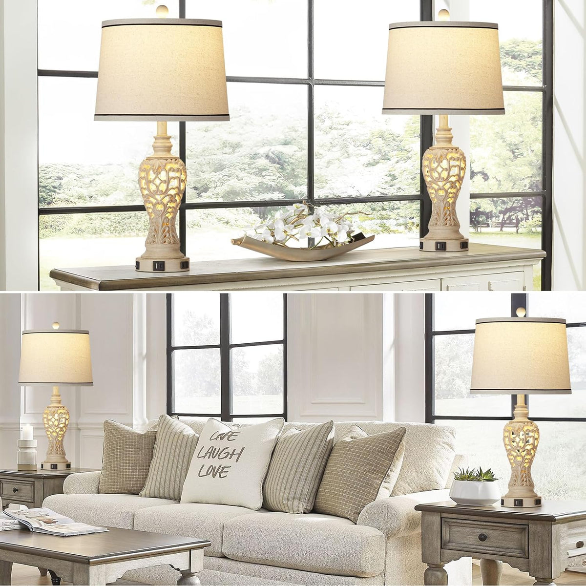 Table Lamps Set of 2, Farmhouse Table Lamps with Nightlight, Rustic Bedside Lamps with Dual USB & AC Outlet, 25.2'' Beige Vintage Nightstand Lamps for Bedroom Living Room, Bulbs Included