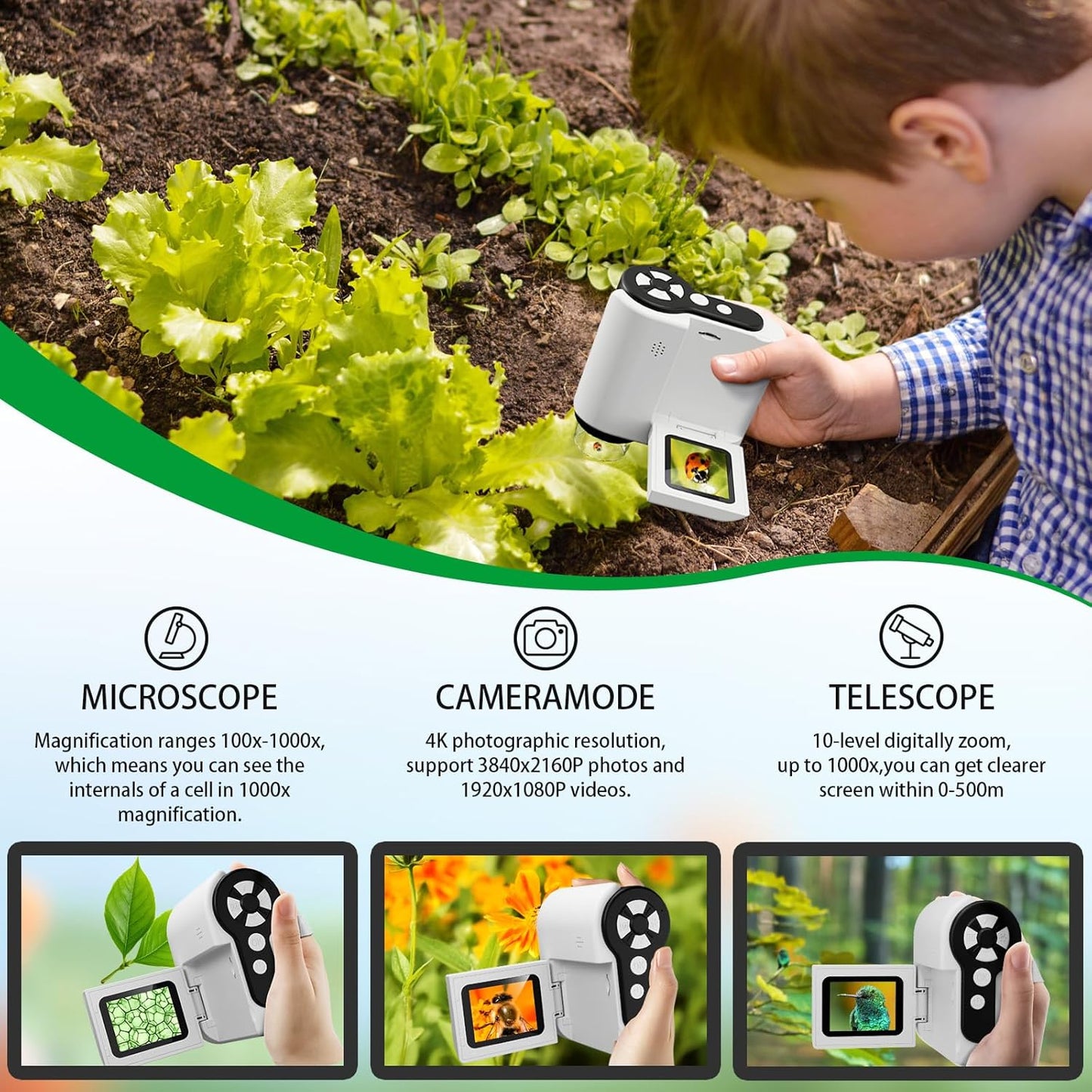 Microscope for Kids - 1000X Portable Handheld Kids Mini Microscope | Telescope with Photo and Video Educational Science Toys | Age 3 4 5 6 7 8 9 10 11 12 Years Old Kids Christmas Birthday Gift