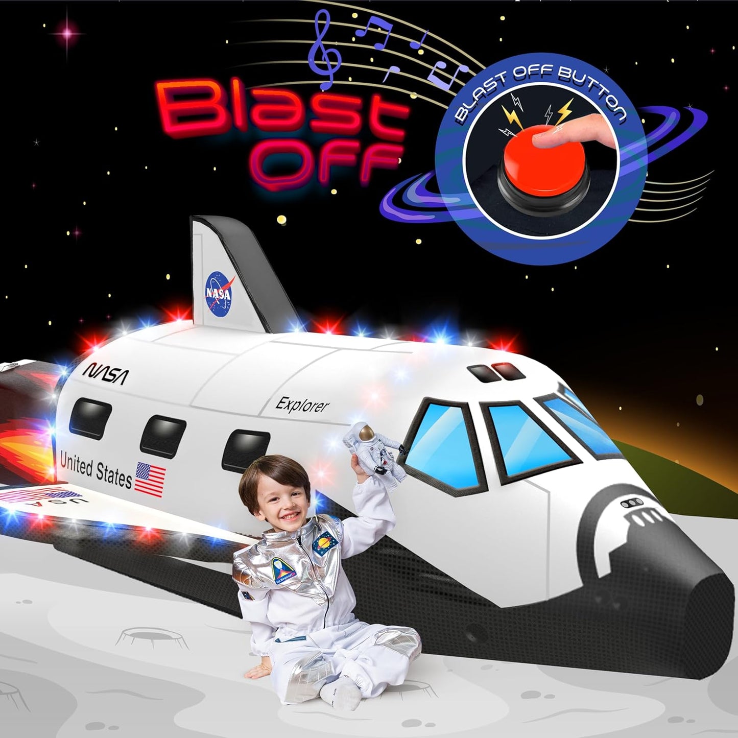 W&O Space Explorer Aerodome with LED Lights & Blast-Off Button – Inflates in Seconds to Create an Immersive Space Adventure for Kids Ages 3-12 – Inflatable Rocket Ship Tent (Fan Not Included)