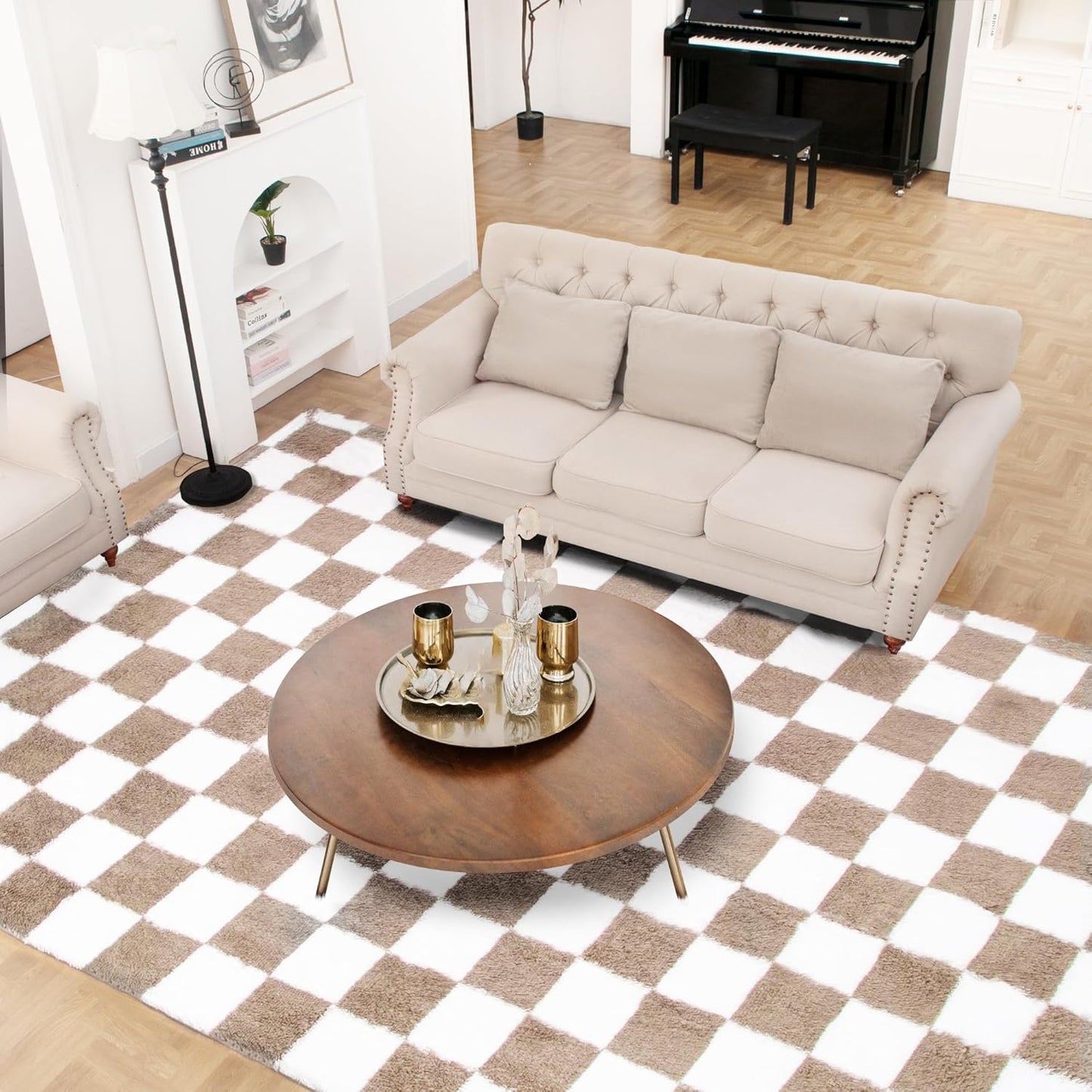 Super Soft Rug for Bedroom, 4x6 Ft Beige and White Area Rug Classic Checkered Shaggy Anti-Skid High Pile Soft Fluffy Rug Fuzzy Carpet for Living Room Bedroom Kids Room Nursery, Dorm Home Decor