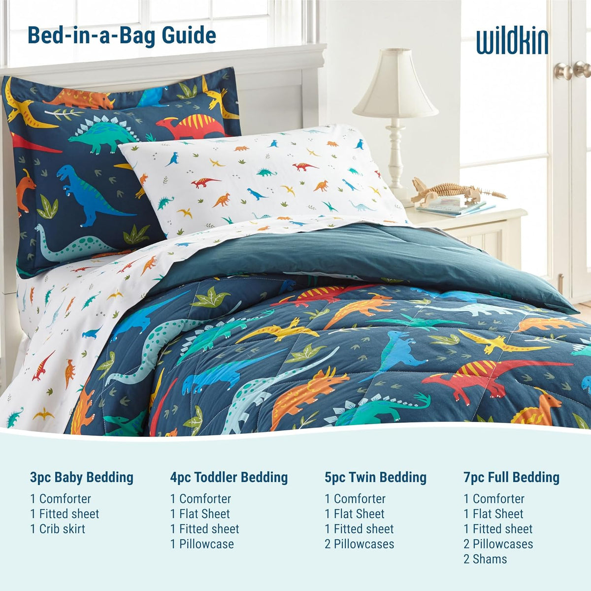 Wildkin Toddler Bed in a Bag – 4-Piece Microfiber Bedding Set with Comforter, Pillowcase & Sheets - Jurassic Dinosaurs