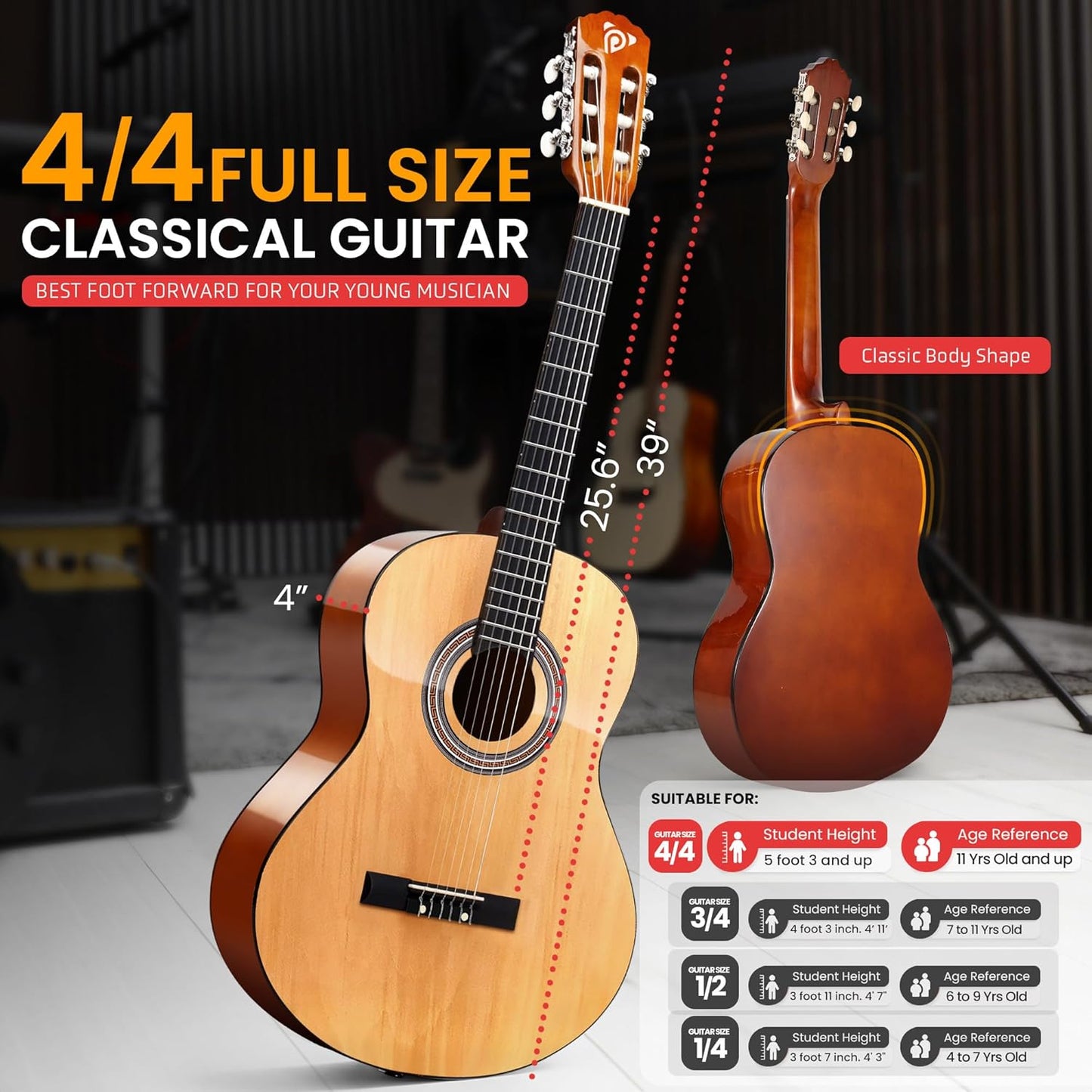 Pyle Left Handed Beginner Acoustic Guitar Kit, 4/4 Full Size All Wood Build Nylon String Instrument with Capo, Strap, Extra String Set, Gig Bag, Guitars for Beginners Adults Youth, 39" Natural Gloss