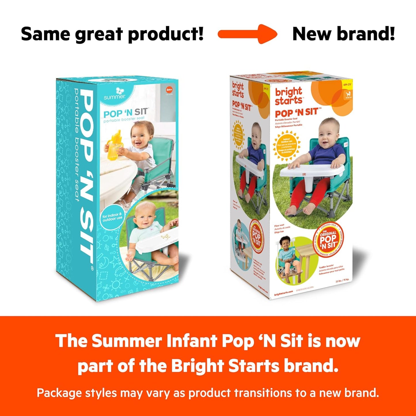 Bright Starts Pop 'N Sit Portable Booster, Indoor/Outdoor Use, Floor Seat with Feeding Tray, Pink, 6 Mos - 3 Yrs