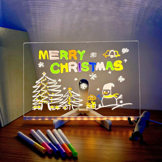 LED Drawing Board, Light Up Erasable Acrylic Message Board with Night Light, Neon Writing Tablet with Adjustable Stand & 12 Color Pens for Kids, Office, and Home Decor (7.9 * 7.9in)