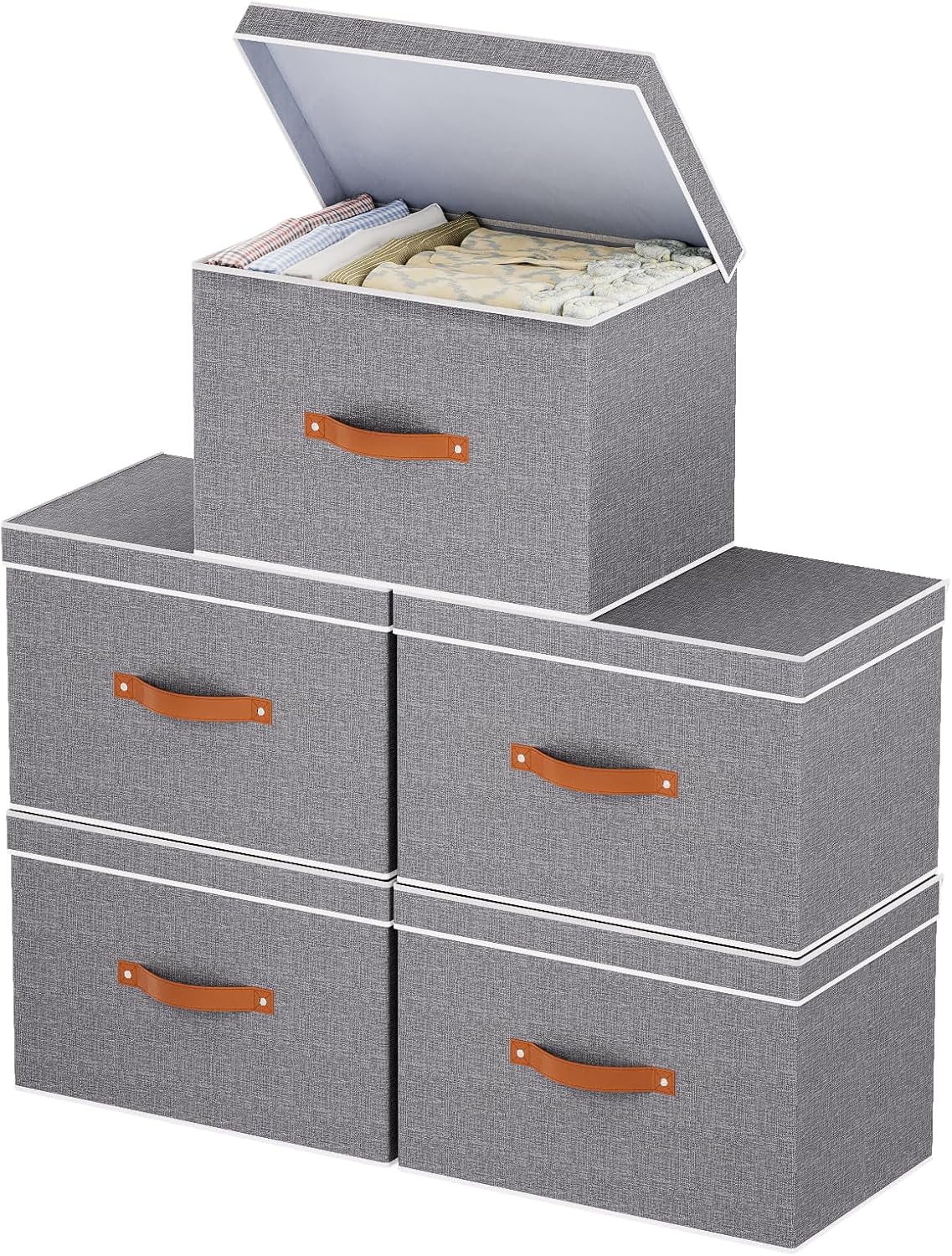 Collapsible Storage Bins with Lids, Linen Foldable Cloth Baskets, 17.7 x 11.8 x 11.8 Inch Closet Organizer Containers with Double Handles, Sweater Boxes for Bedroom, Grey, 5 Pack