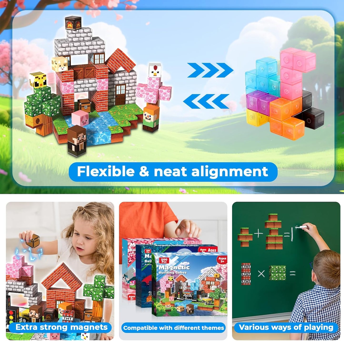 200 PCS Magnetic Blocks - Magnetic Building Blocks Cubes, Magnet Toys for Kids Age 3+, Toy Building Set for Kids, Magnets Stacking Construction Birthday Gifts for Boys Girls Age 4-8, 8-12