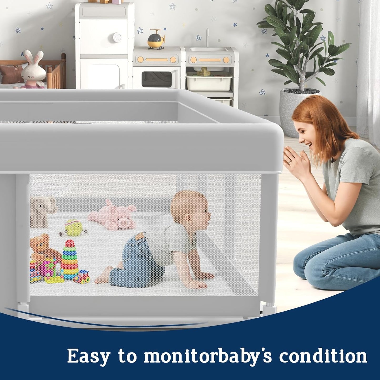 Baby Playpen 74x50 Inch, Playpen for Babies and Toddlers, Play Pen Indoor & Outdoor Active Center, Sturdy Safety Playard with Anti Slip Suction Cups, Skin-Friendly Fabric, Large Space Baby Fence