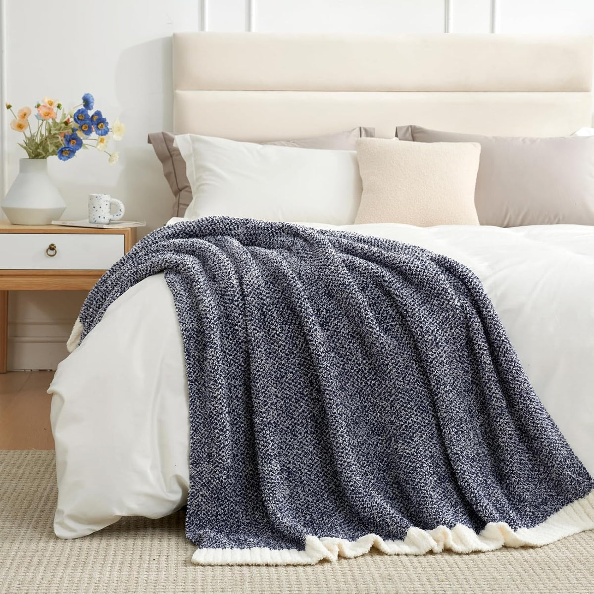 Snuggle Sac Heather Navy Oversized Twin-XL Size Blanket, Super Soft, Warm, Knit, 66x90 inches