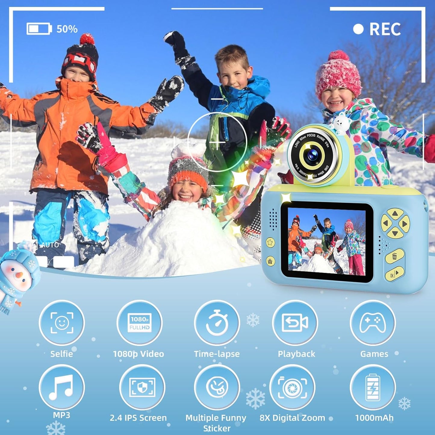 Camera for Kids, Toddler Volging Cameras Age 3-8 Christmas Birthday Gifts for Boys and Girls 3-12 Year Old Boys Digital Camcorder for Video Portable Kids Selfie Camera with 32GB SD Card Blue