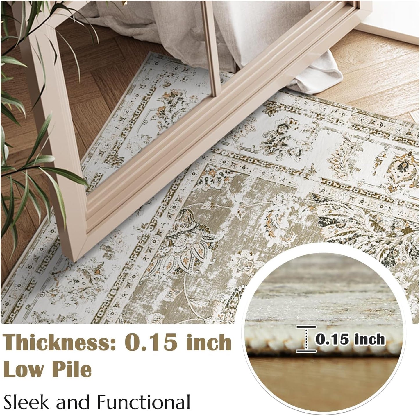 jinchan Hallway Runner Rug 2x10 Machine Washable Runner Rug Taupe Vintage Floral Design Non-Slip Ultra-Thin for Kitchen Laundry Room Bedroom Farmhouse (2‘x10',Taupe)