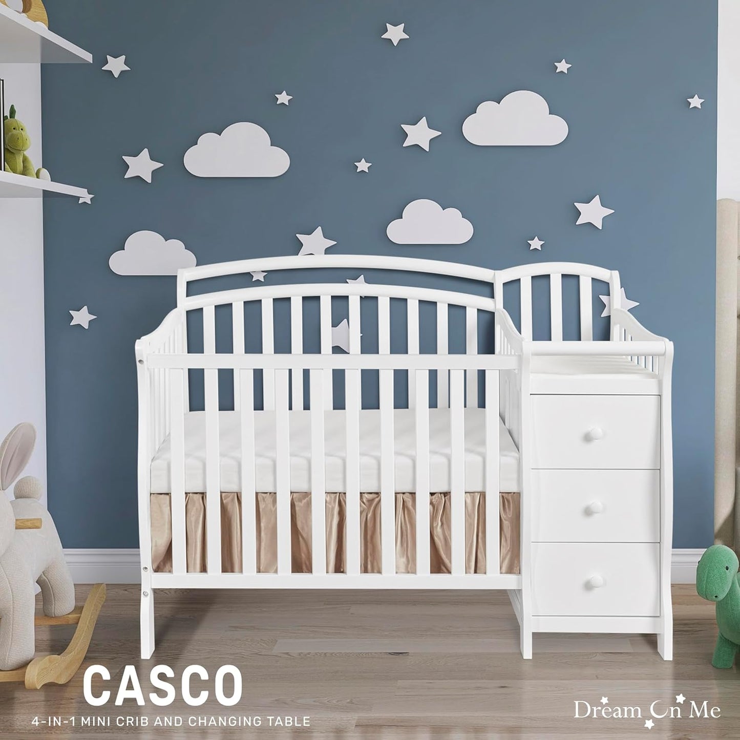 Dream On Me Casco 3-in-1 Mini Convertible Baby Crib & Changer with Storage in White, Pinewood, GreenGuard Gold & JPMA, 1” Mattress Pad, 3 Mattress Heights, Converts to Mini Day & Twin-Size Bed