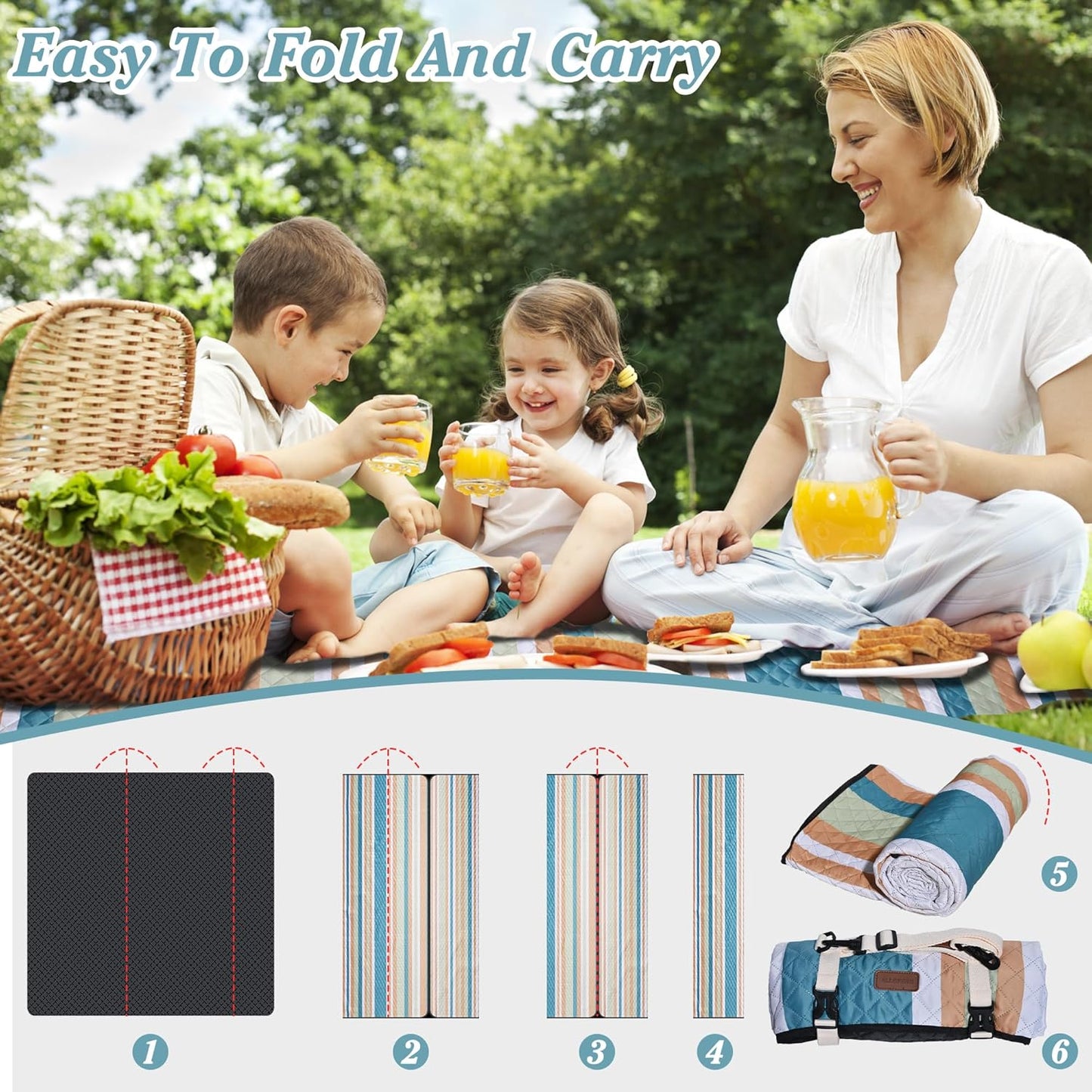 Waterproof Picnic Blanket 80" x 60" in Portable with Carry Strap for Beach Mat or Family Outdoor Camping Party, Park Blanket for Grass Park, Hiking, Travel, Concerts (Crystal Blue & Orange, 80" x 60")
