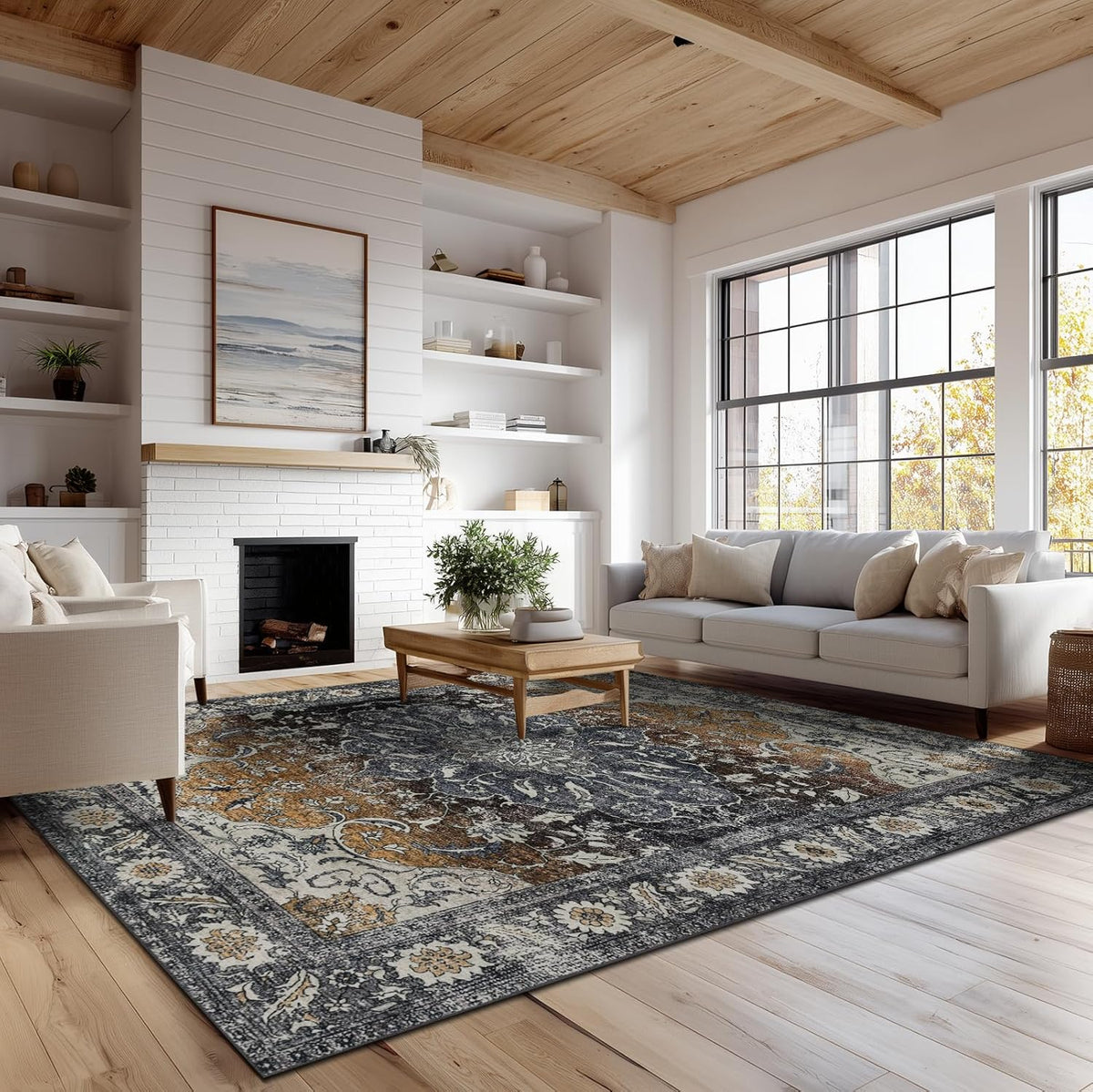 Washable Area Rugs 8x10, Large Rugs for Living Room, Carpet for Bedroom, Soft Faux Wool Retro Dining Room Rug, Non-Slip Backing Resistant Low Pile Vintage Print Rug for Home Office (Tan/Gray)