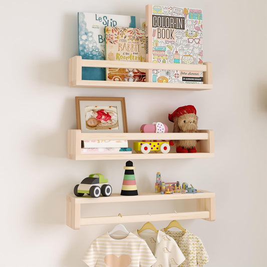 Heimlove Nursery Floating Shelves, Wood Nursery Book Shelves for Wall, 16 inch Wall Bookshelf for Kids Solid Wood Wall Mounted Shelves for Books,Toys and Decor Storage, Set of 3
