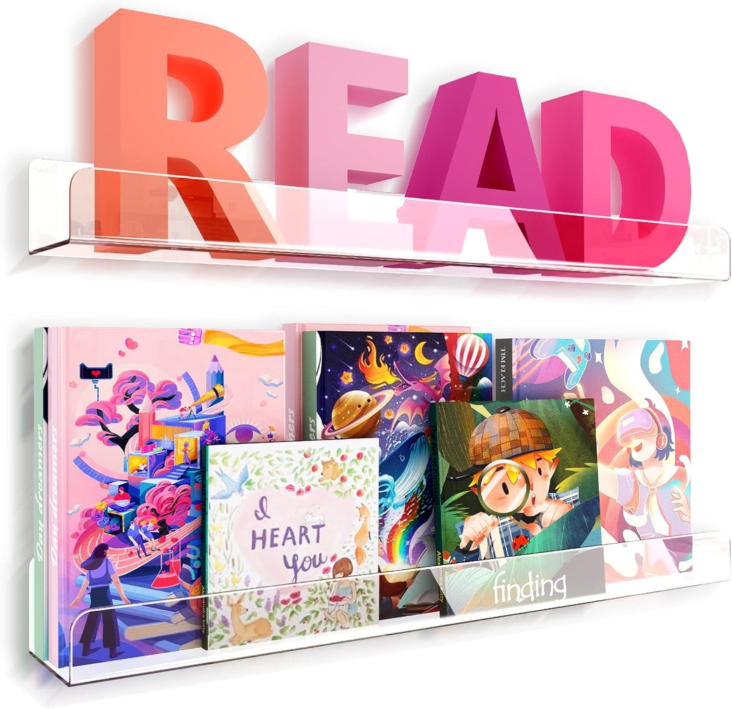 24 inches Wall Mounted Kids Bookshelf, Clear Acrylic Display Book Shelves for Kids Room Nursery Toddler Classroom 2 Packs