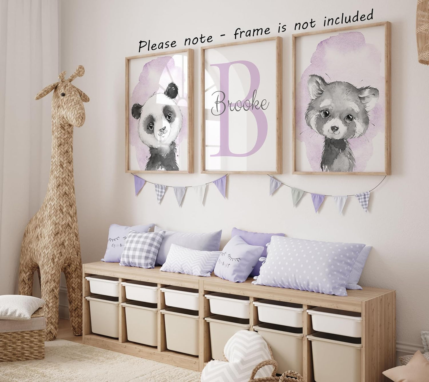 Safari Animals Set of 3 Unframed Poster Prints for Baby Girls Nursery Bedroom Playroom, Personalized Name, Choice of 12 Animals, Pink Purple (11x14)