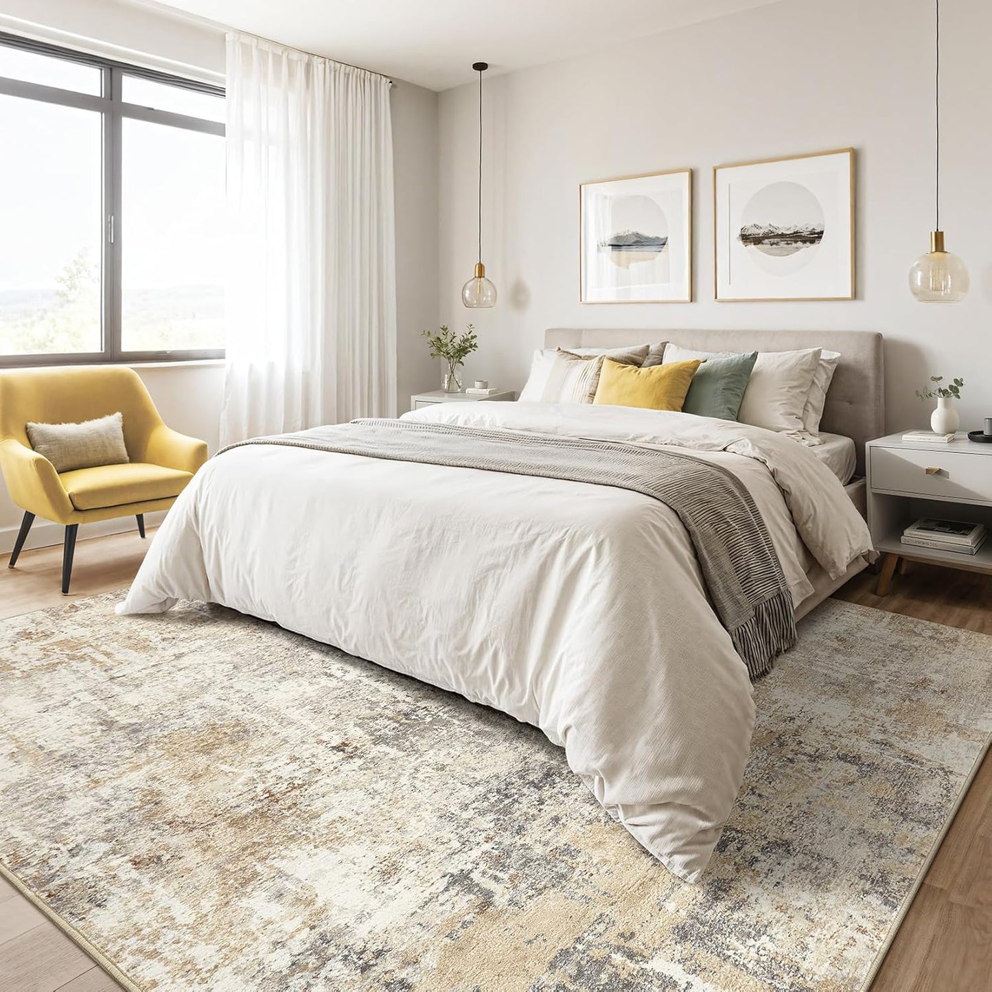 Area Rug Living Room Rugs: 5x7 Washable Large Abstract Modern Soft Stain Resistant Indoor Floor Non Slip Accent Carpet for Bedroom Nursery Playroom Dining Room Office Dorm Home House- Gray Gold