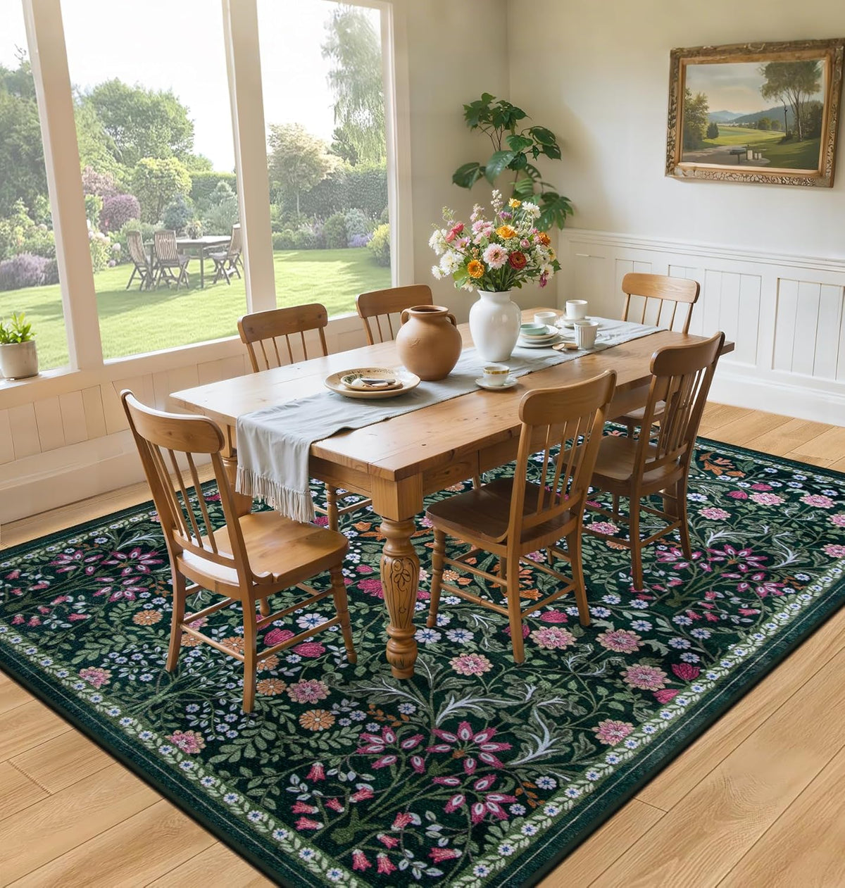 Area Rug Living Room Rugs: Floral 4x6 Washable Rug Vintage Soft Boho Non-Slip Carpet Indoor Floor Stain Resistant Large Carpets for Bedroom Dining Room Farmhouse Nursery Hallway Home Office Dark Green