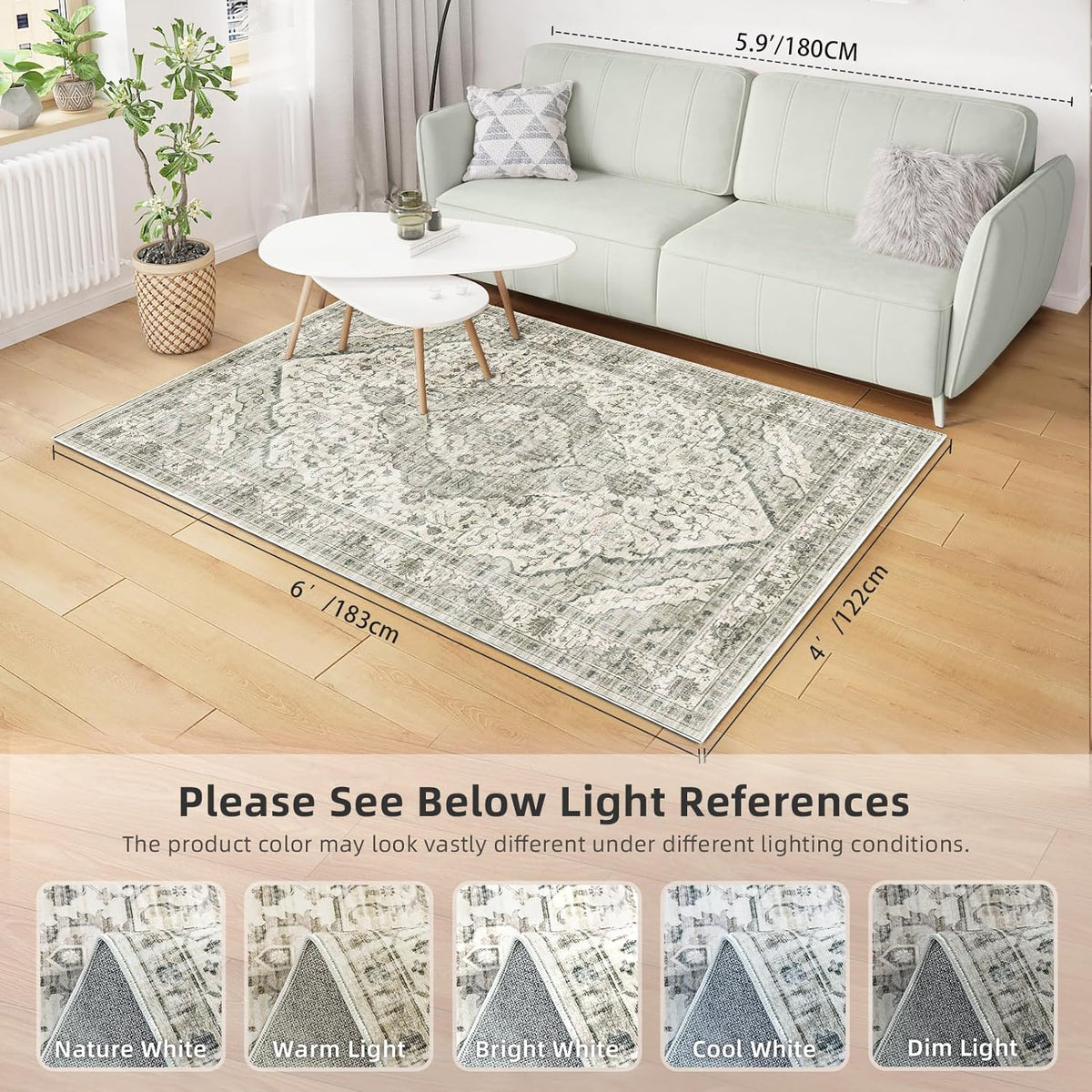 Area Rug 4x6 for Living Room - Vintage Machine Washable Soft Indoor Boho Rug for Bedroom Decor, Non-Slip Backing Farmhouse Cream/Grey