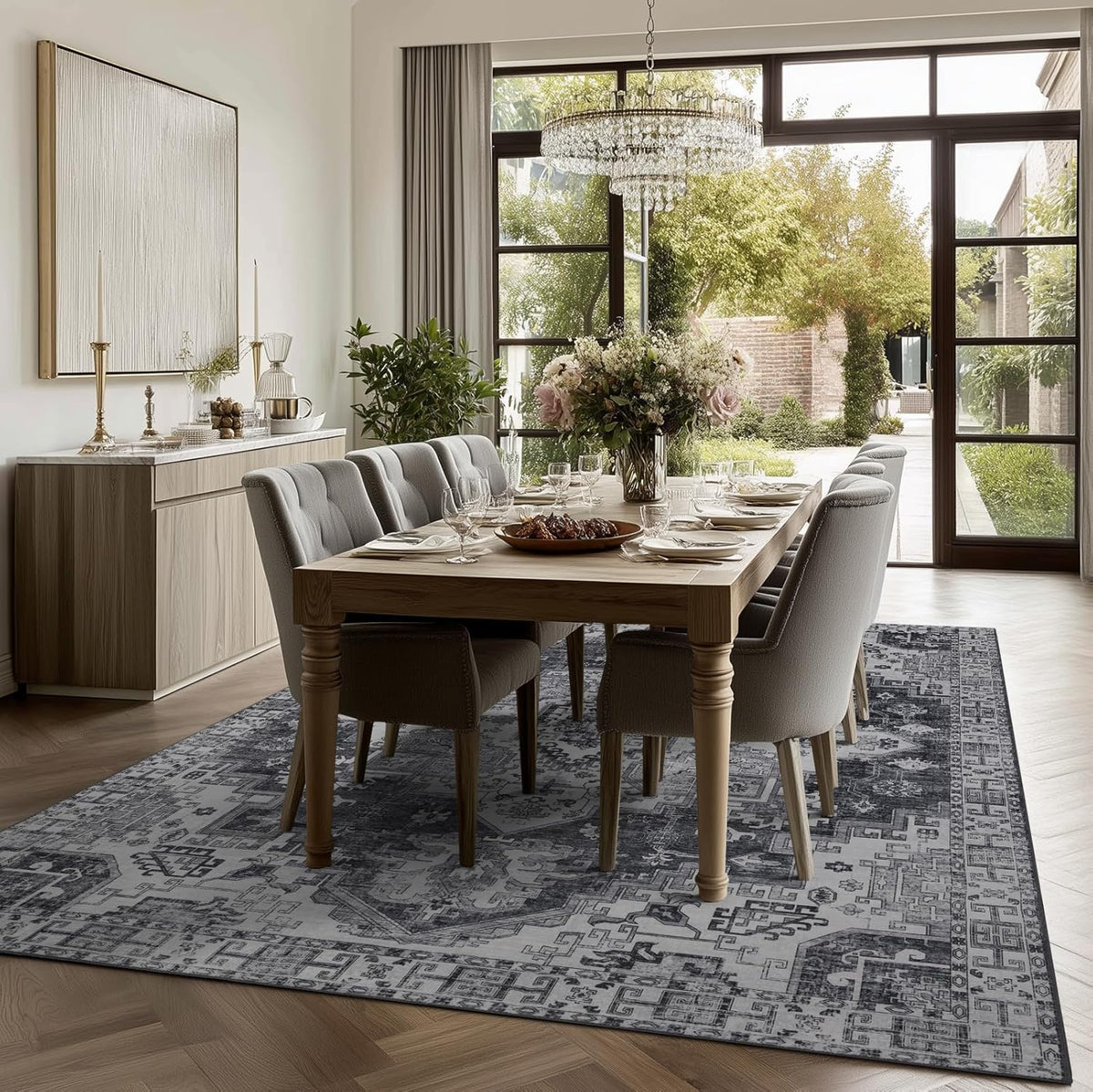 Washable Area Rugs 8x10, Large Rugs for Living Room, Carpet for Bedroom, Soft Faux Wool Retro Dining Room Rug, Non-Slip Backing Resistant Low Pile Vintage Print Rug for Home Office (Medium Gray)