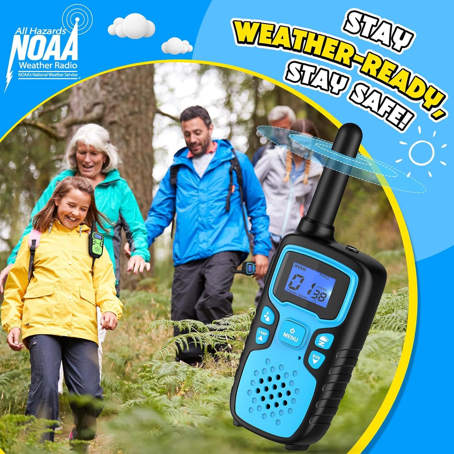 Wishouse Walkie Talkies for Kids Rechargeable Long Range,Xmas Birthday Gift for 4 5 6 7 8 9 Year Old Boys Girls,Hiking Gear Camping Games Cool Toys with NOAA,SOS Siren,Lamp,Lanyards,2 Pack Blue Yellow