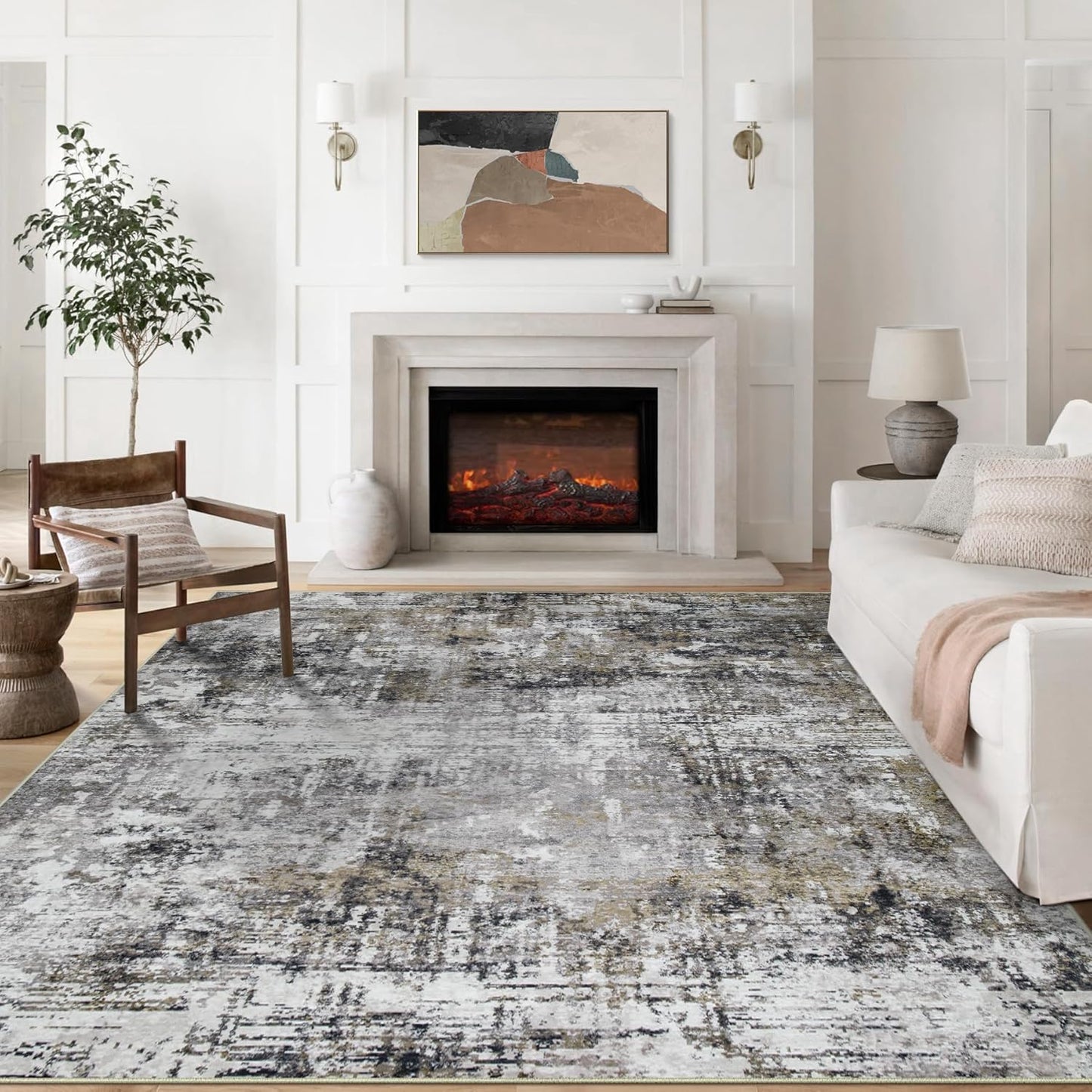 8x10 Area Rugs for Living Room Rug Washable: Modern Large Rug for Dining Room Bedroom Carpet Non Slip 8 by 10 Indoor Abstract Nursery Home Office Black Gold