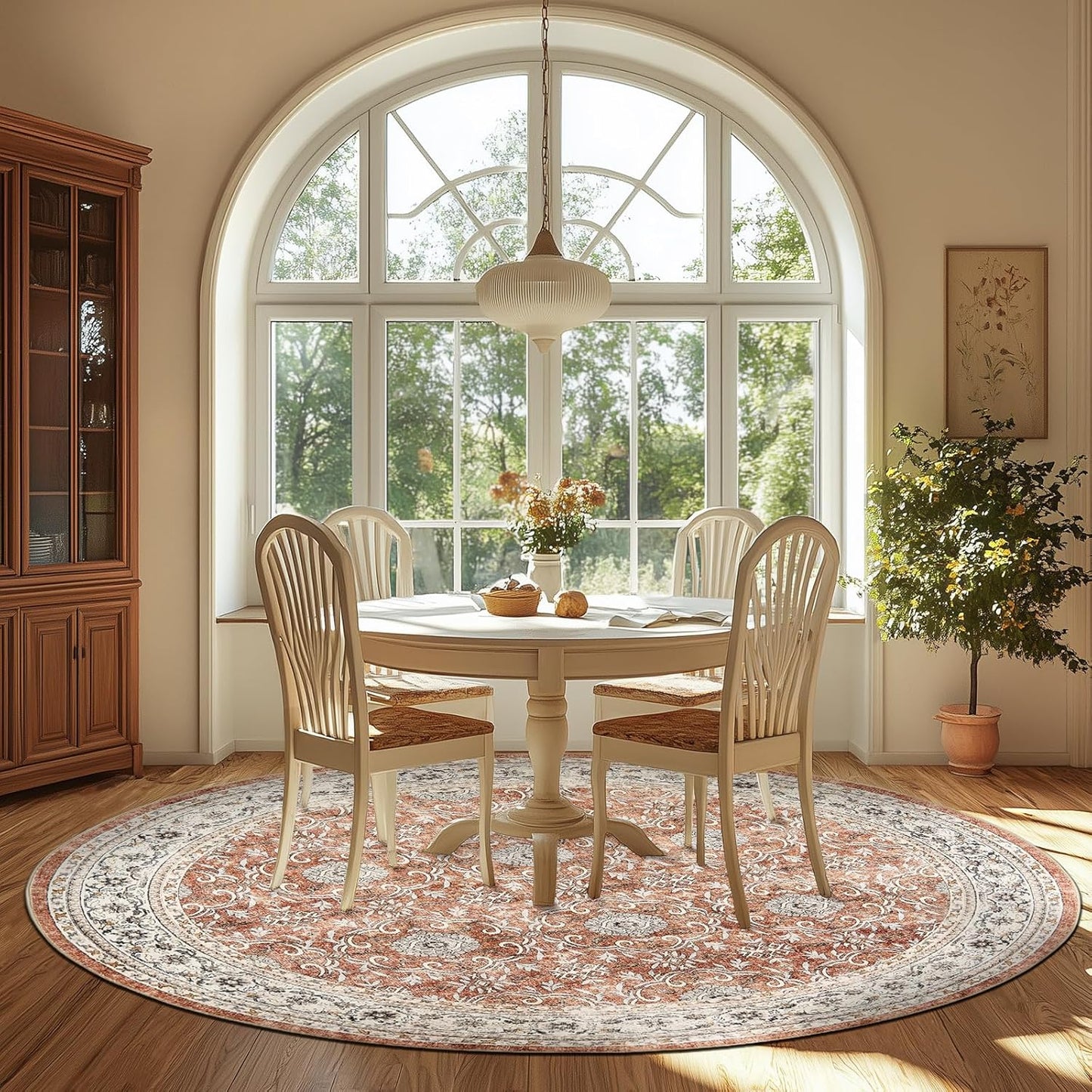 jinchan Round Rug 8ft Washable Circle Soft Rug - Low Pile Vintage 8'Round Indoor Orange Floral Print Stain Resistant Boho Carpet Ultra-Thin Non-Slip for Living Room Bedroom Dining Room Kitchen