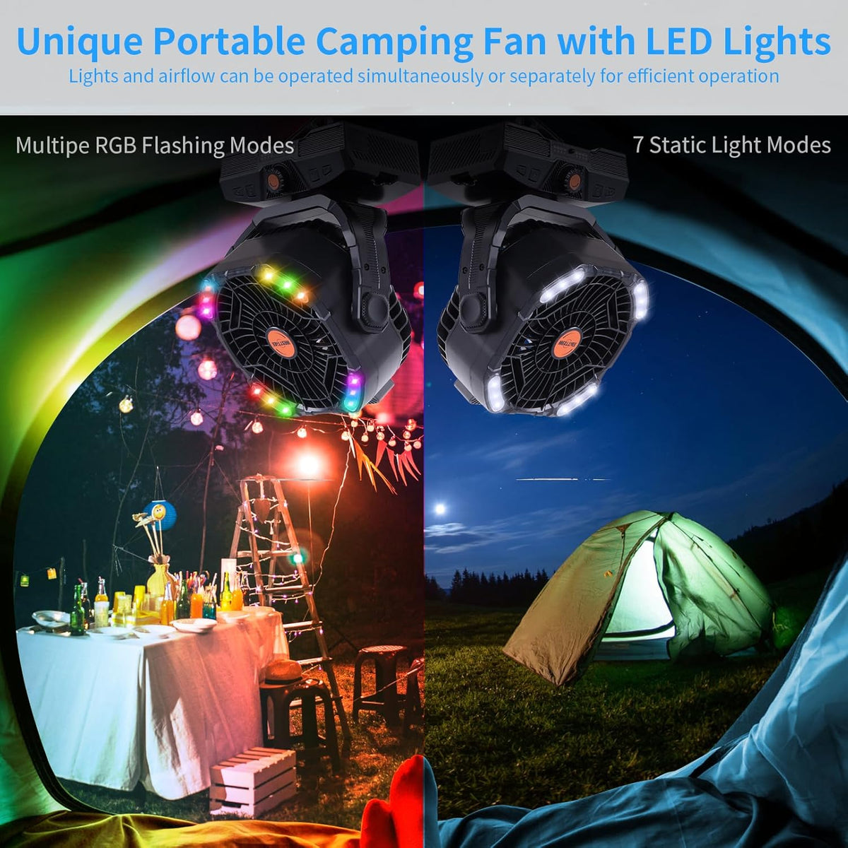 Camping Fan 20000mAh Rechargeable Battery Operated fan Outdoor Tent Fan with Light & Hook 270° Pivot, knob Speeds, Personal USB Desk Fan for Camping Power Outage Jobsite Black X68