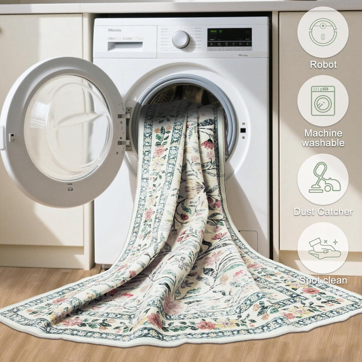 8x10 Area Rugs for Living Room: Floral Washable Rug Vintage Large Soft Boho Non-Slip Carpet Indoor Stain Resistant Low Pile Carpets for Bedroom Dining Room Farmhouse Nursery Home Office Green Beige