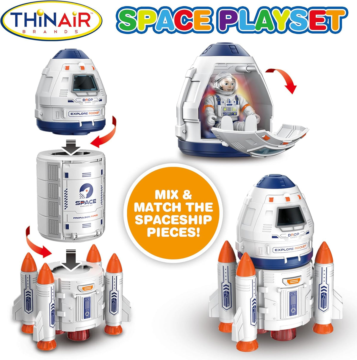 Nature Bound Playful Minds Rocket Ship Space Toy, Kids Spaceship Playset with Two Astronauts, Space Racer, and Accessories, Educational STEM Adventure