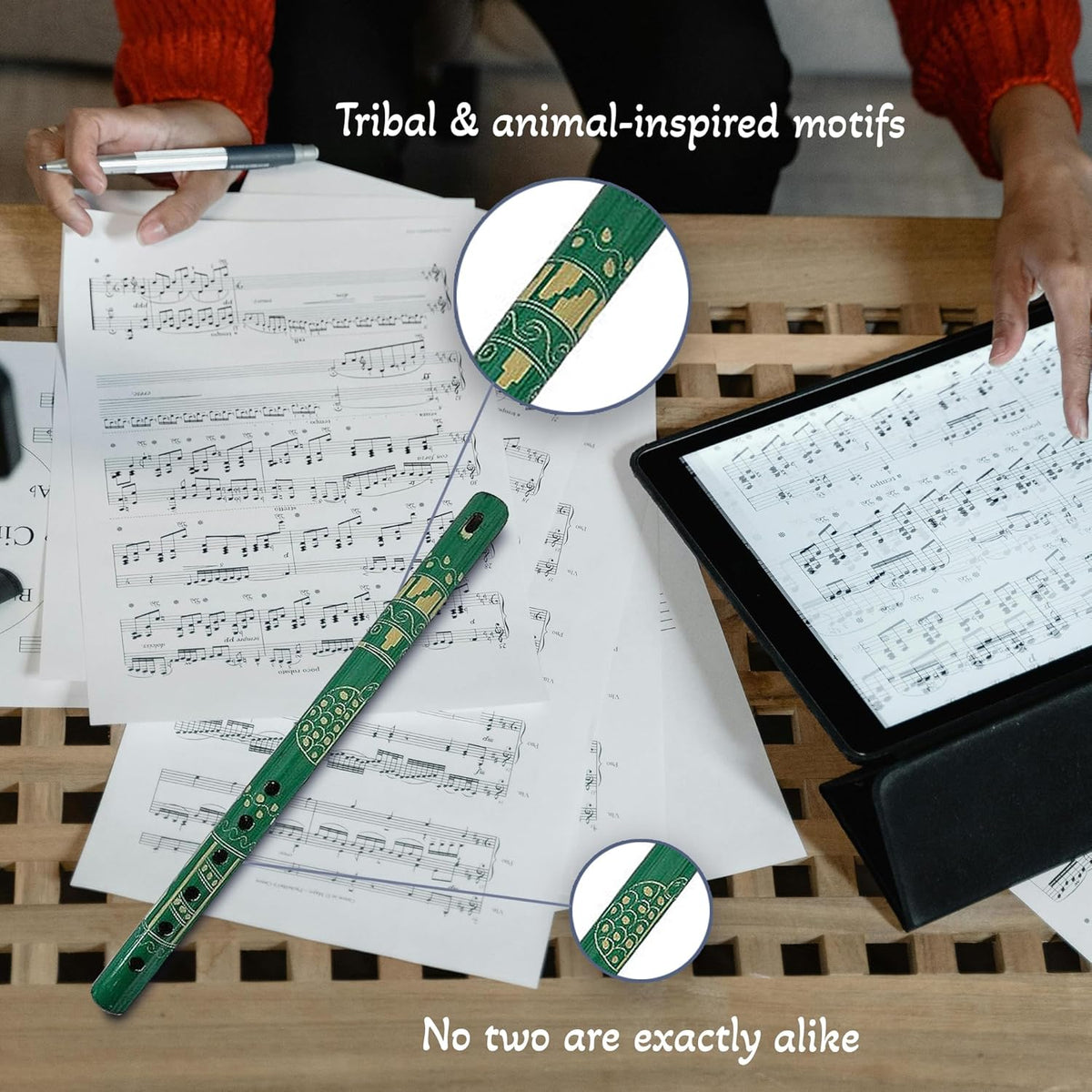 Mia Jewel Shop - Handmade Colored Bamboo Wooden Flute | Tribal Nature Pattern | Native Recorder for Beginners, Meditation & Music Lovers (Teal)