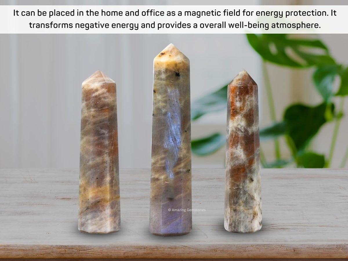 Amazing Gemstone Sun Moonstone Crystal Towers - Natural Healing Crystal Point Obelisk for Reiki Healing and Crystal Grid (3 Inch)