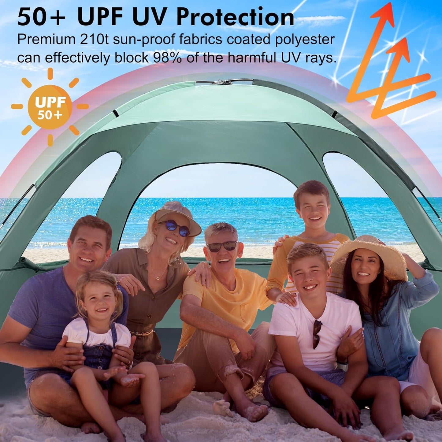WhiteFang Beach Tent Anti-UV Portable Sun Shade Shelter for 3/4/6/8 Person, Extendable Floor with 3 Ventilating Mesh Windows Plus Carrying Bag, Stakes and Guy Lines