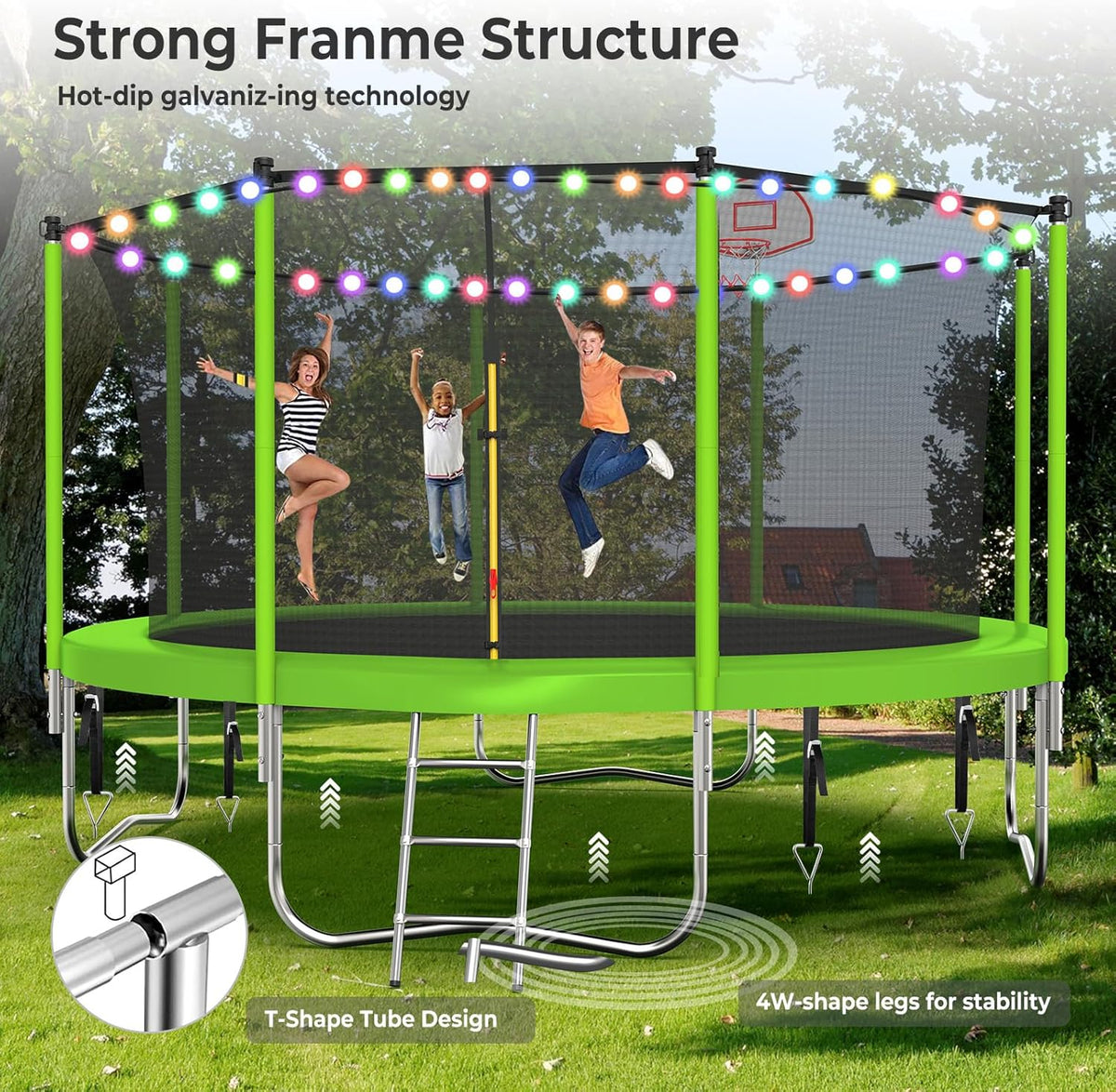 Upgraded 10/12/14/15/16FT Trampoline Outdoor, Large Kids Trampoline with Light, Stakes, Sprinkler, Backyard Trampoline with Basketball Hoop and Net, Capacity for 4-6 Kids and Adults