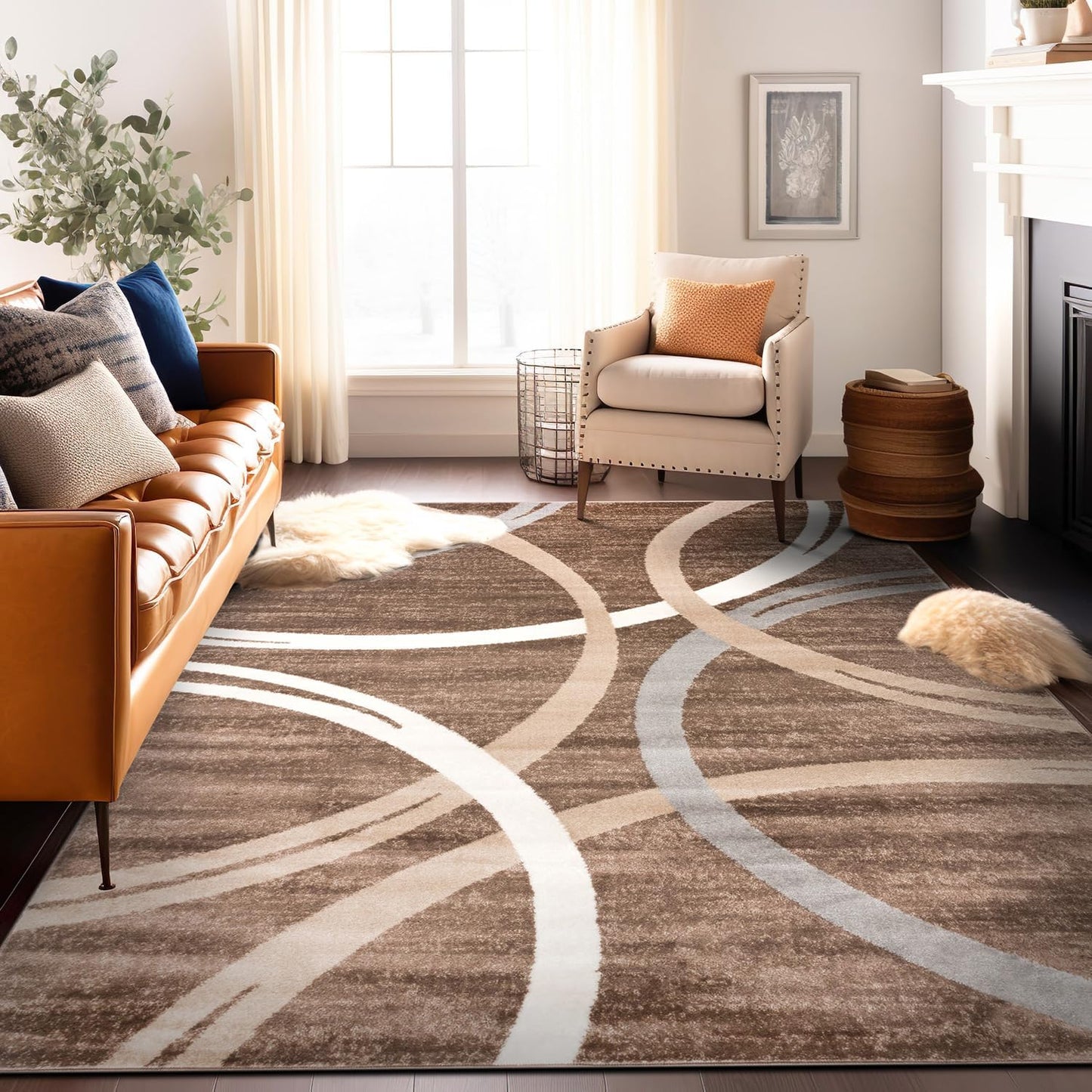 Rugshop Modern Wavy Circles Design Area Rug 10' x 14' Brown