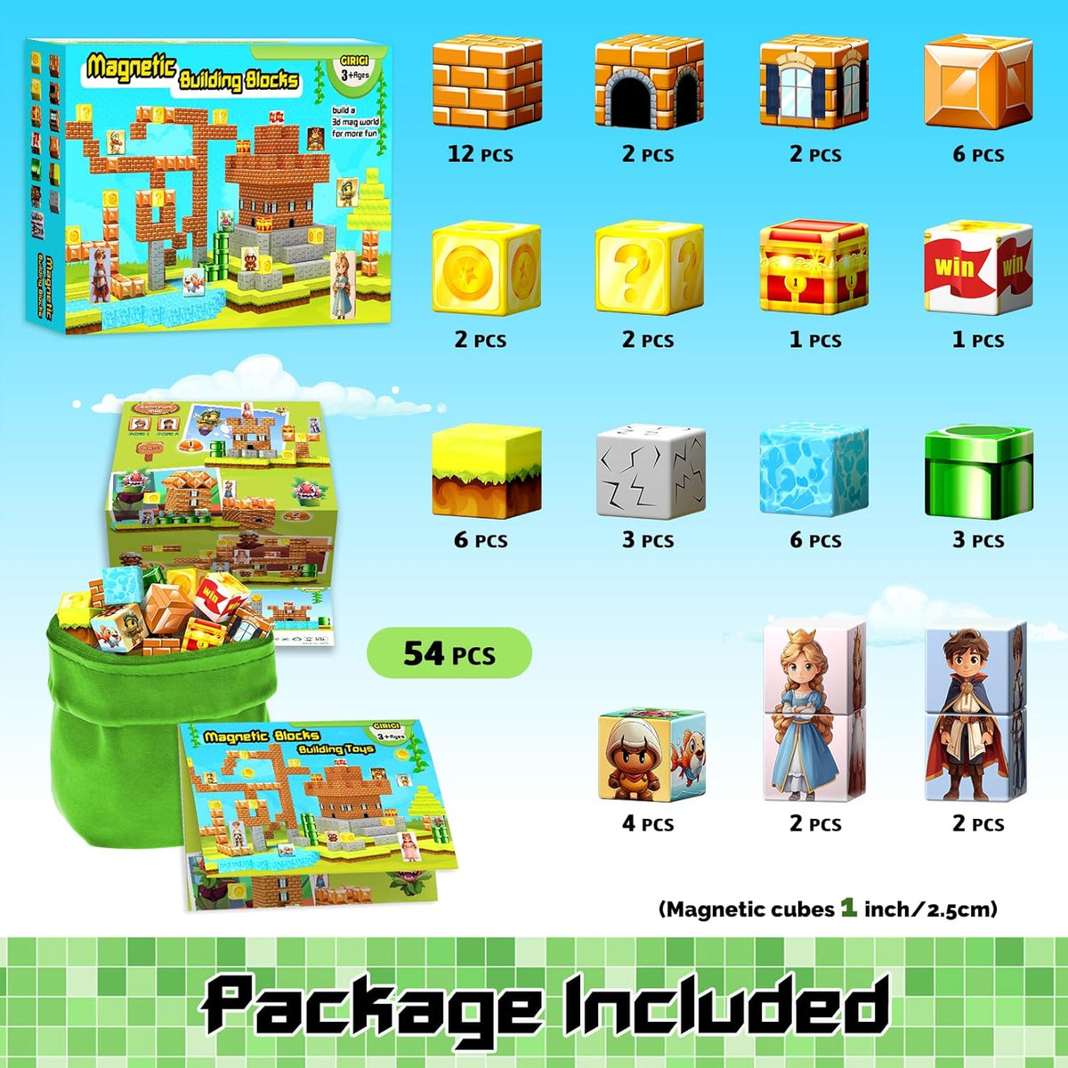 Magnetic Blocks- Magnetic Building Blocks Magnet Cube Toys Stacking, Build Forest Toys & Games Set, STEM Sensory Play, Birthday Giftsfor Kids Boys Girls Age 3 4 5 6 7 8 9 10 (54pcs 1inch)