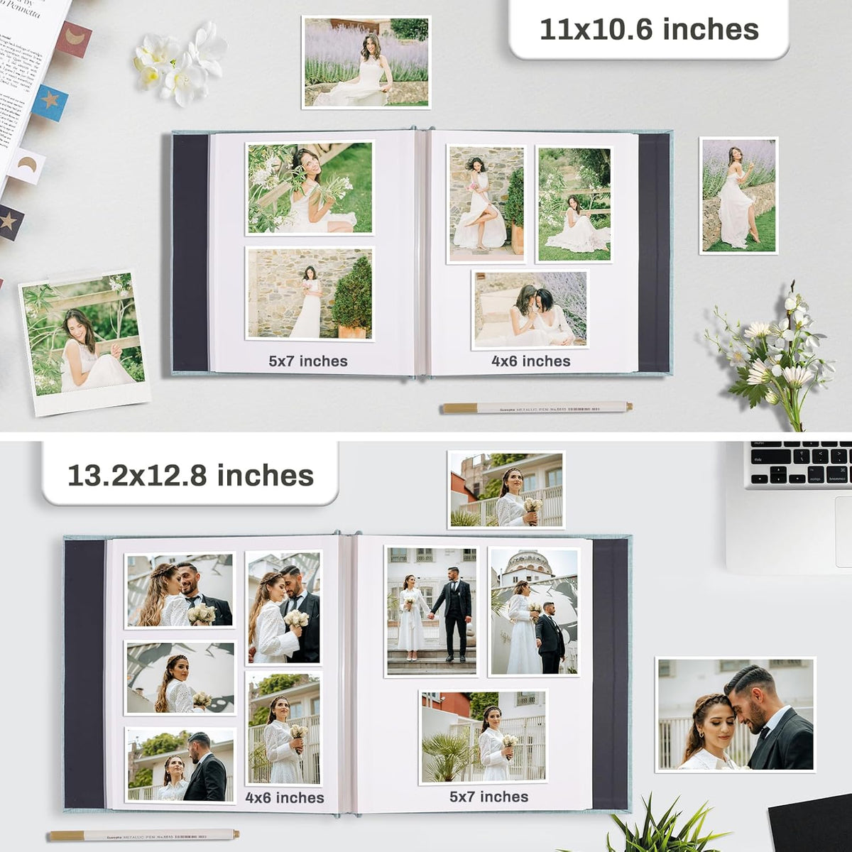 Photo Album Self Adhesive Pages Scrapbook Large Magnetic Photo Albums with Sticky Pages Scrapbooks for Wedding Baby for 4x6 5x7 8x10 Picture Photo Books 13.2x12.8 Grey 60 Pages