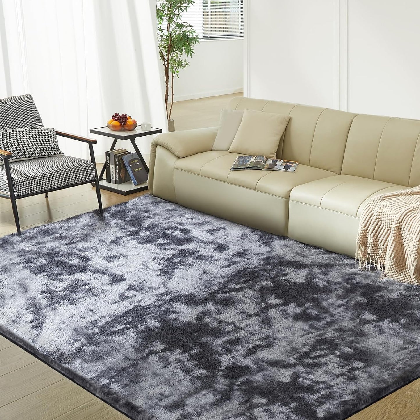 Ultra Soft Rug for Living Room, 3X5 Fluffy Shag Area Rug for Bedroom, Modern Shaggy Carpets Fuzzy Rug for Teens Dorm Nursery Home Decor Aesthetic, Upgrade Anti-Skid Durable, Tie Dye Black and Grey