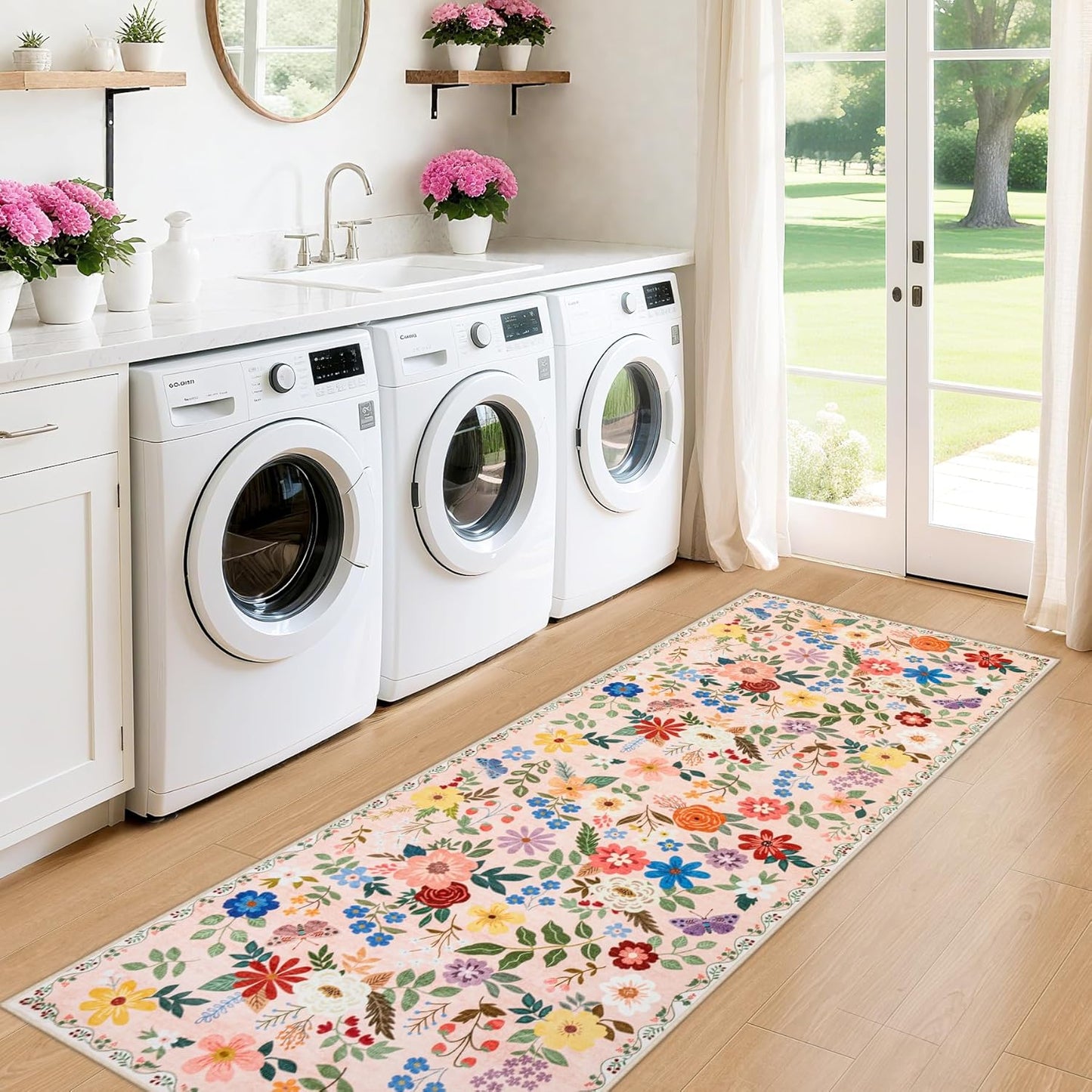 Runner Rug for Entryway: 2x6 Kitchen Rugs Non Slip Washable Ultra-Thin Soft Floral Carpet Indoor Floor Stain Resistant Carpets for Hallway Bedroom Kitchen Laundry Bathroom Dorm Beige