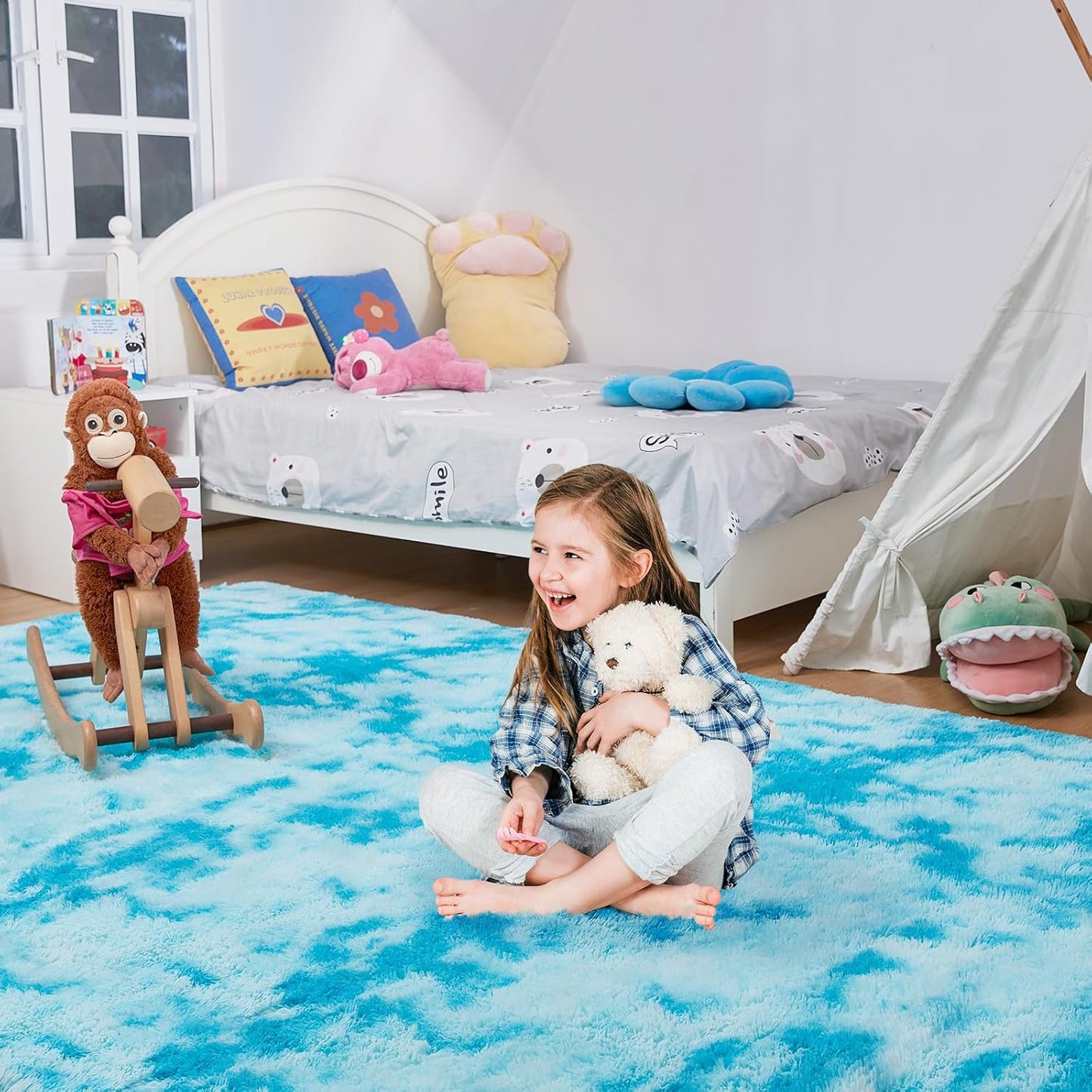 Luxury Shag Area Rug, 3X4 Indoor Ultra Soft Plush Rugs for Living Room, Carpet for Kids Boys Girls Dorm Nursery Home Decor Aesthetic, Upgrade Anti-Skid Durable, Tie-Dyed Blue