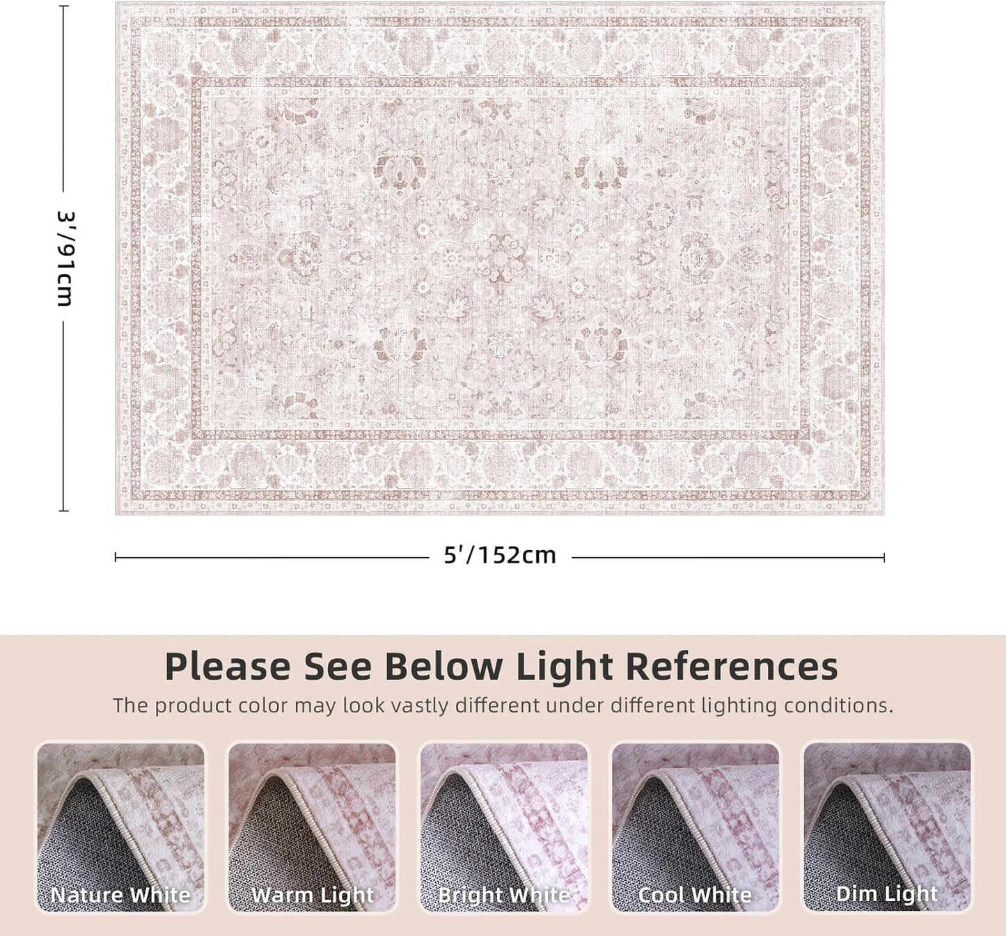 Light Pink Area Rugs 3x5 Nursery Rug for Baby Girl Neutral Floral Area Rug for Living Room, Vintage Boho Washable Rug Indoor Carpet for Bedroom Dining Room
