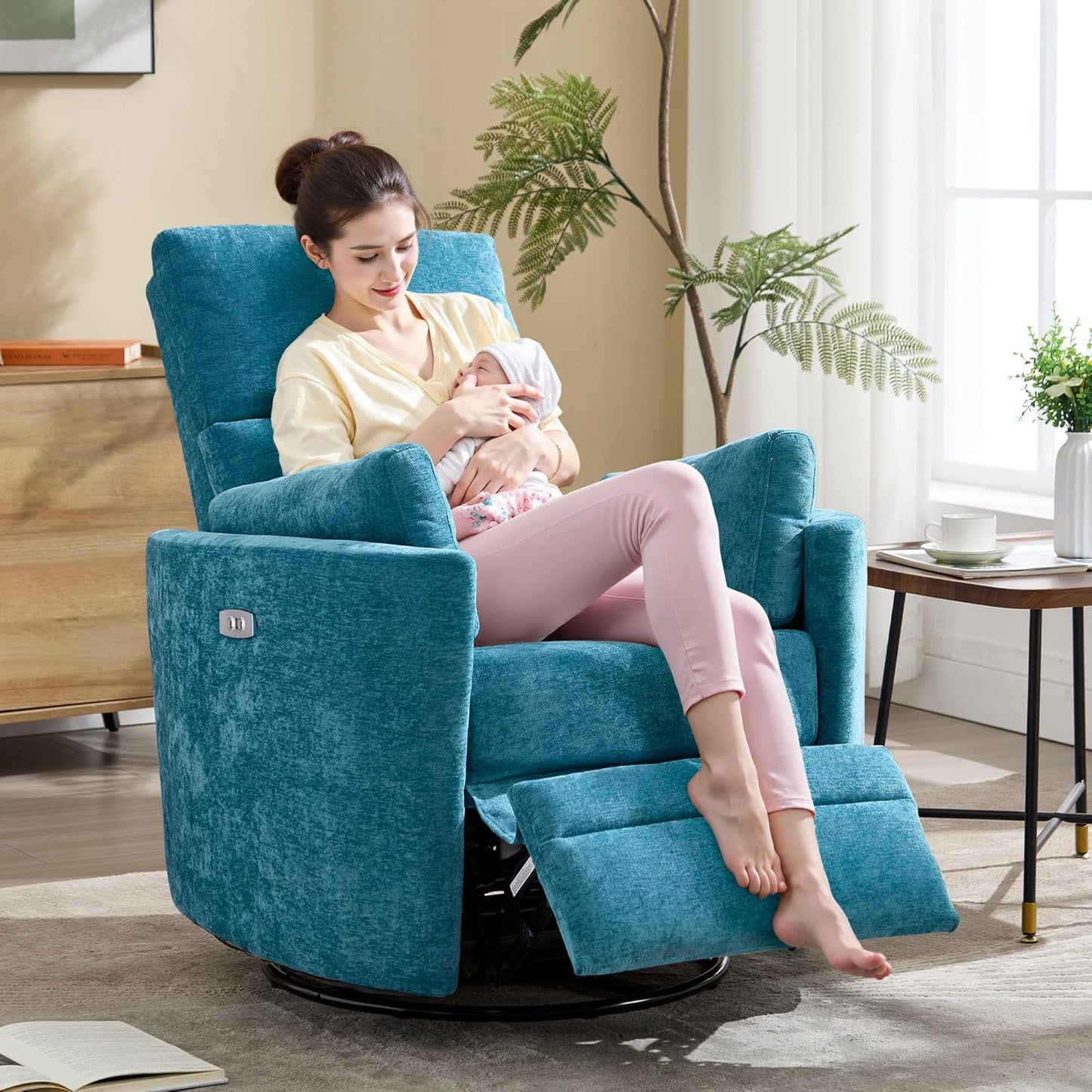 Power Swivel Glider Rocking Recliner, Electric Rocking Chair with USB Port for Living Room Bedroom Upholstered Nursery Chair Adult Rocking Chair with 2 Pillows (Blue, Power-Driven)